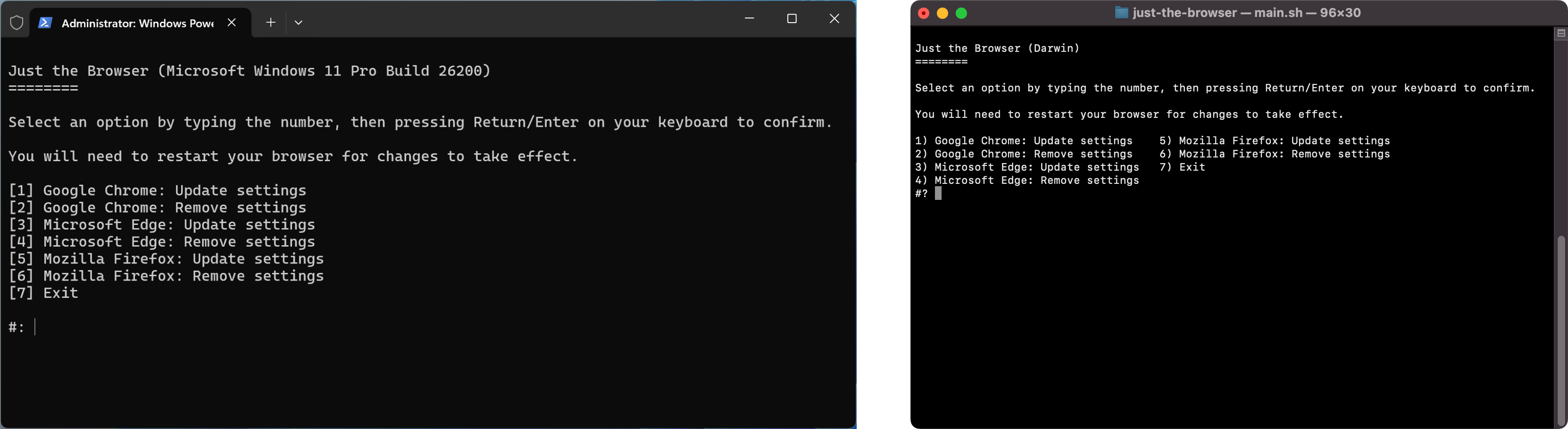 Screenshot of setup utility on Windows and macOS