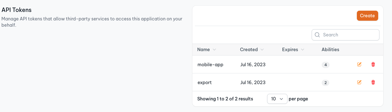 Screenshot of Sanctum token management