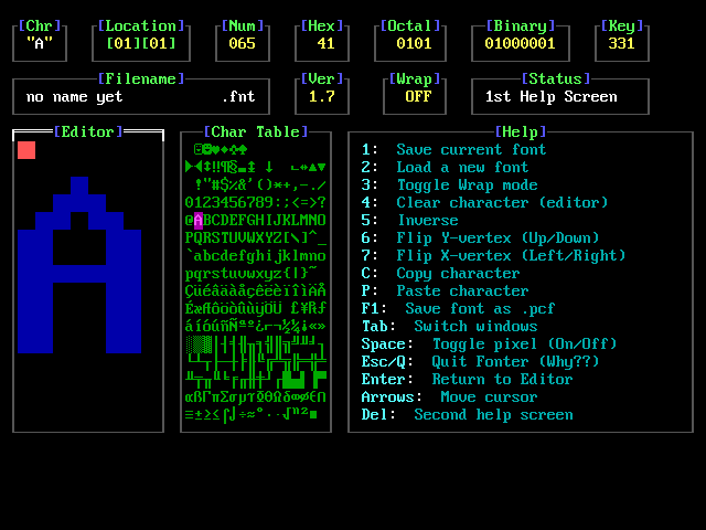 Fonter main screen — editor, character table, and first help pane
