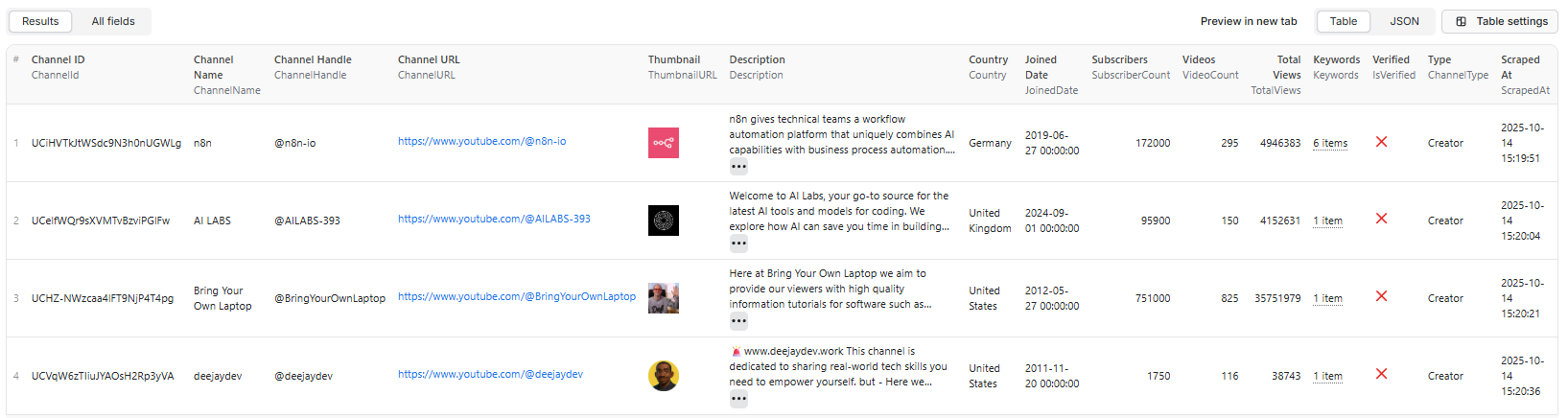 YouTube Channel Finder Output - Table View