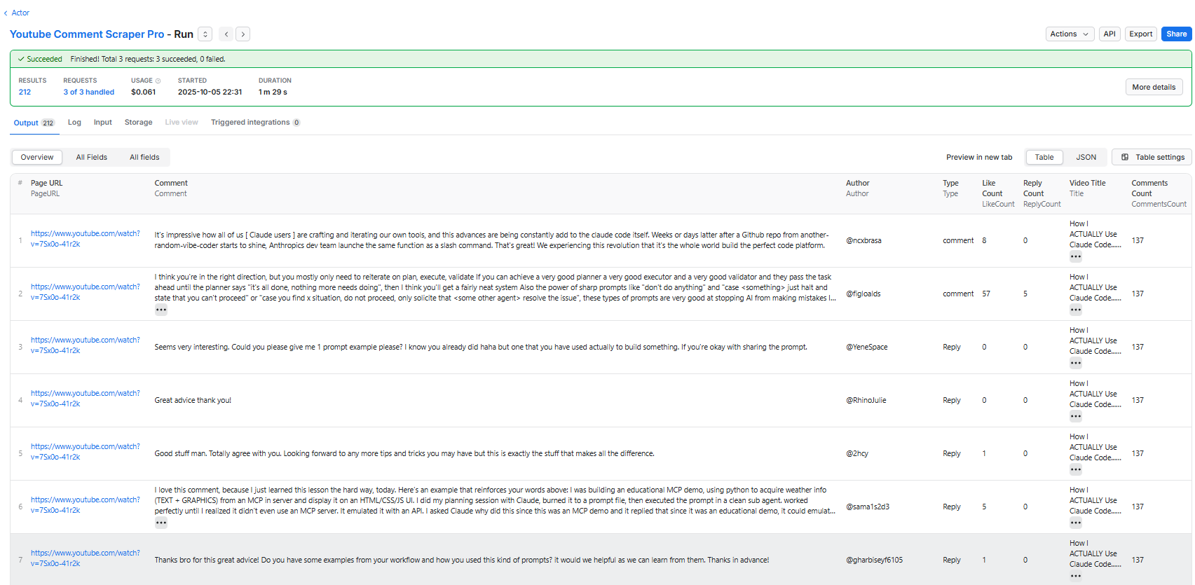 Overview Columns JSON View