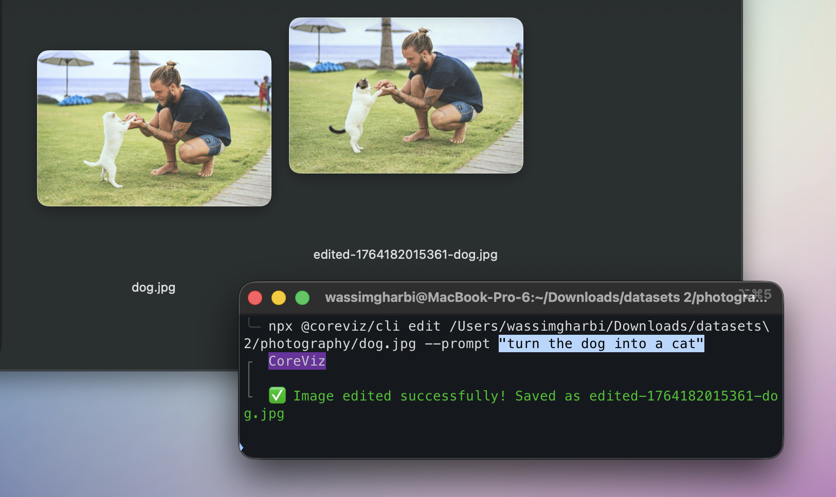Screenshot of CoreViz CLI editing an image using AI.