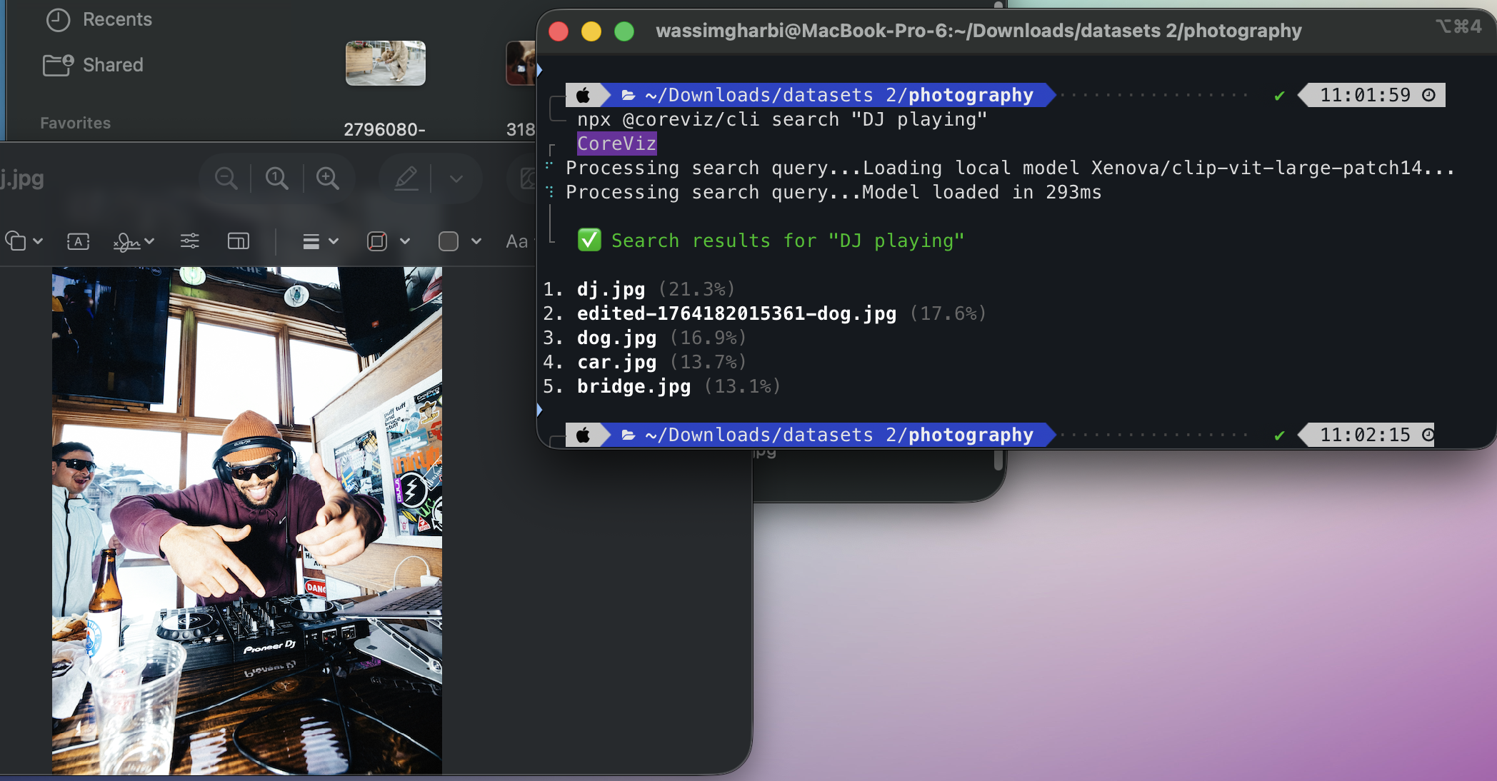 Screenshot of CoreViz CLI visually searching through a folder using AI.