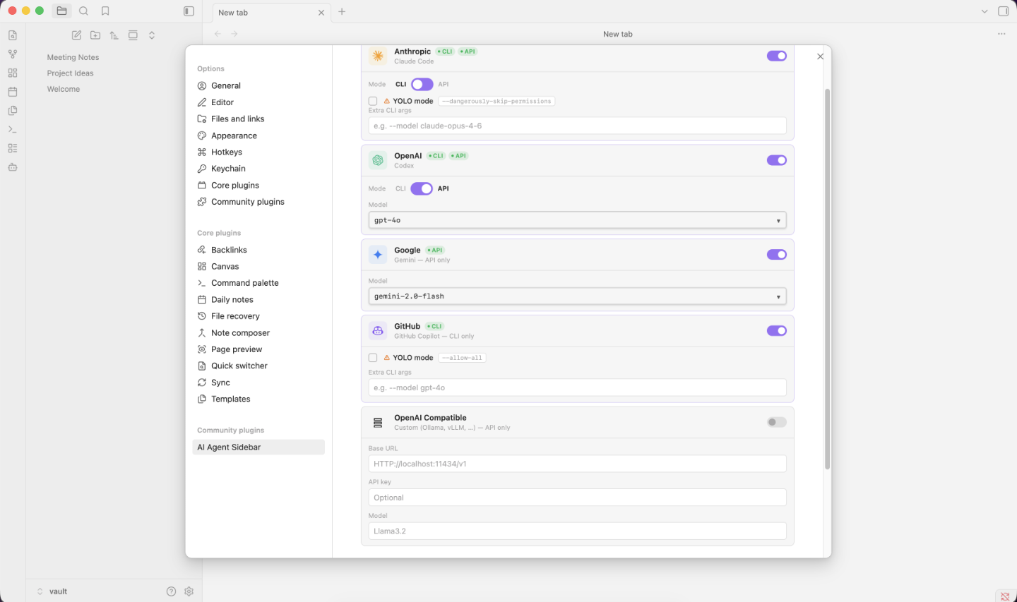 AI Agent Sidebar settings
