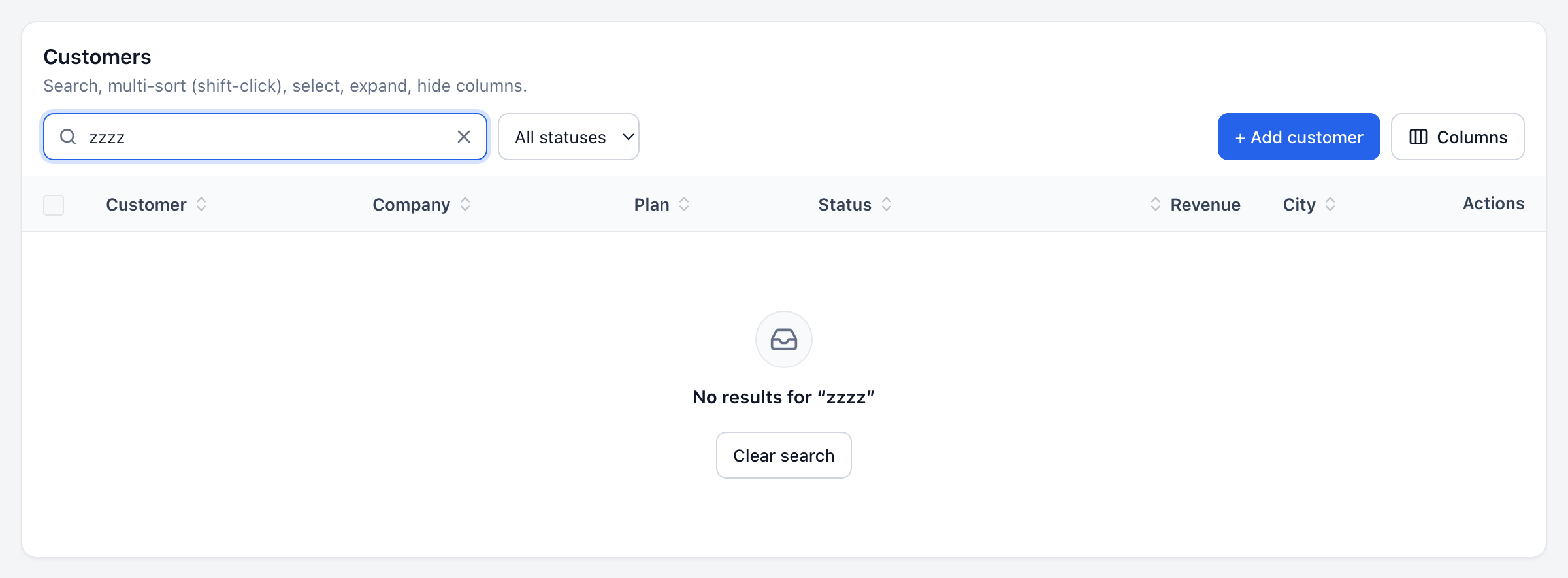The table after searching "zzzz": an empty state reading No results for "zzzz" with a Clear search button