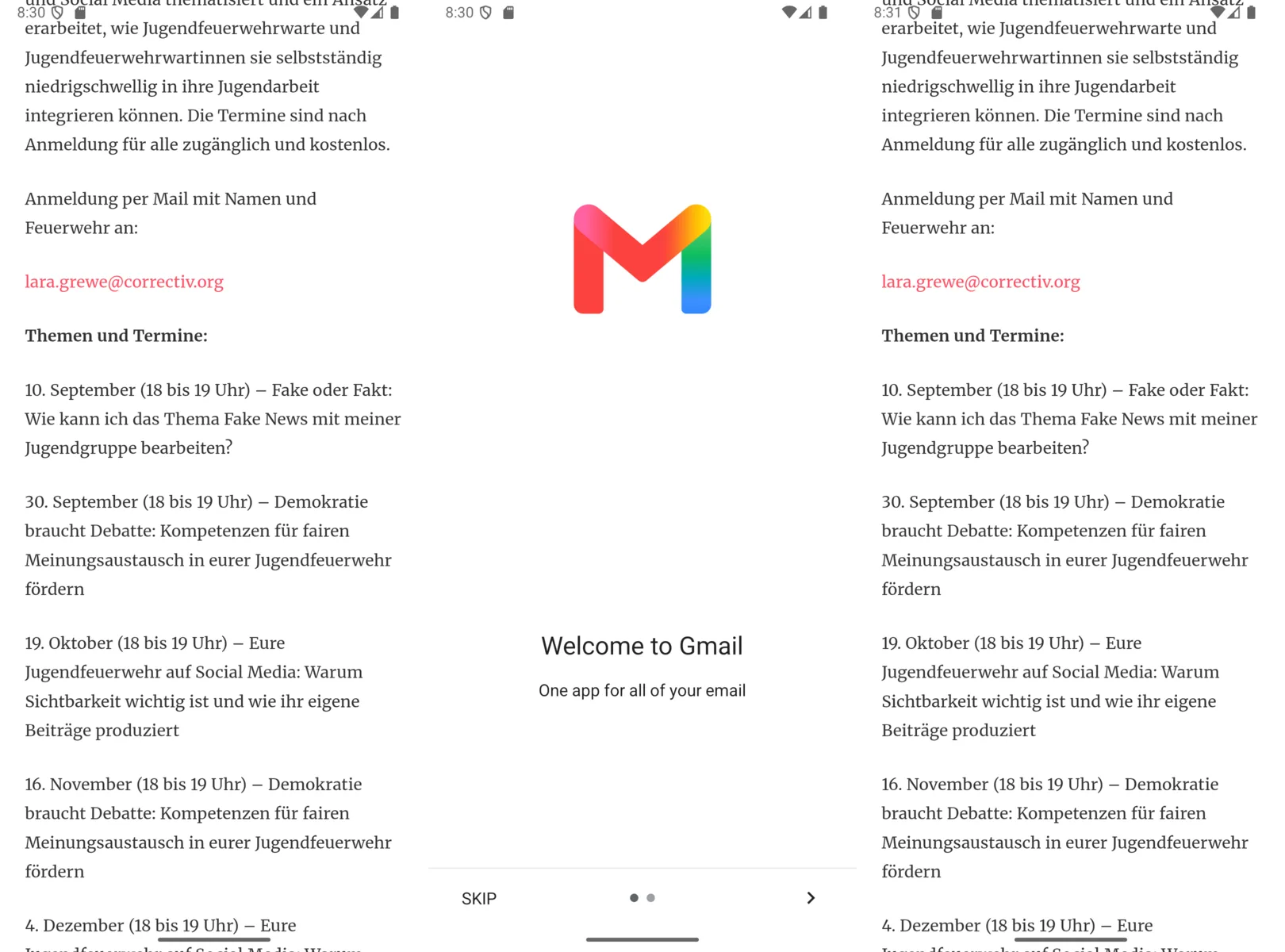 Links der Artikel mit der E-Mail-Adresse, in der Mitte der Willkommensbildschirm von Gmail, rechts wieder der Artikel an derselben Stelle