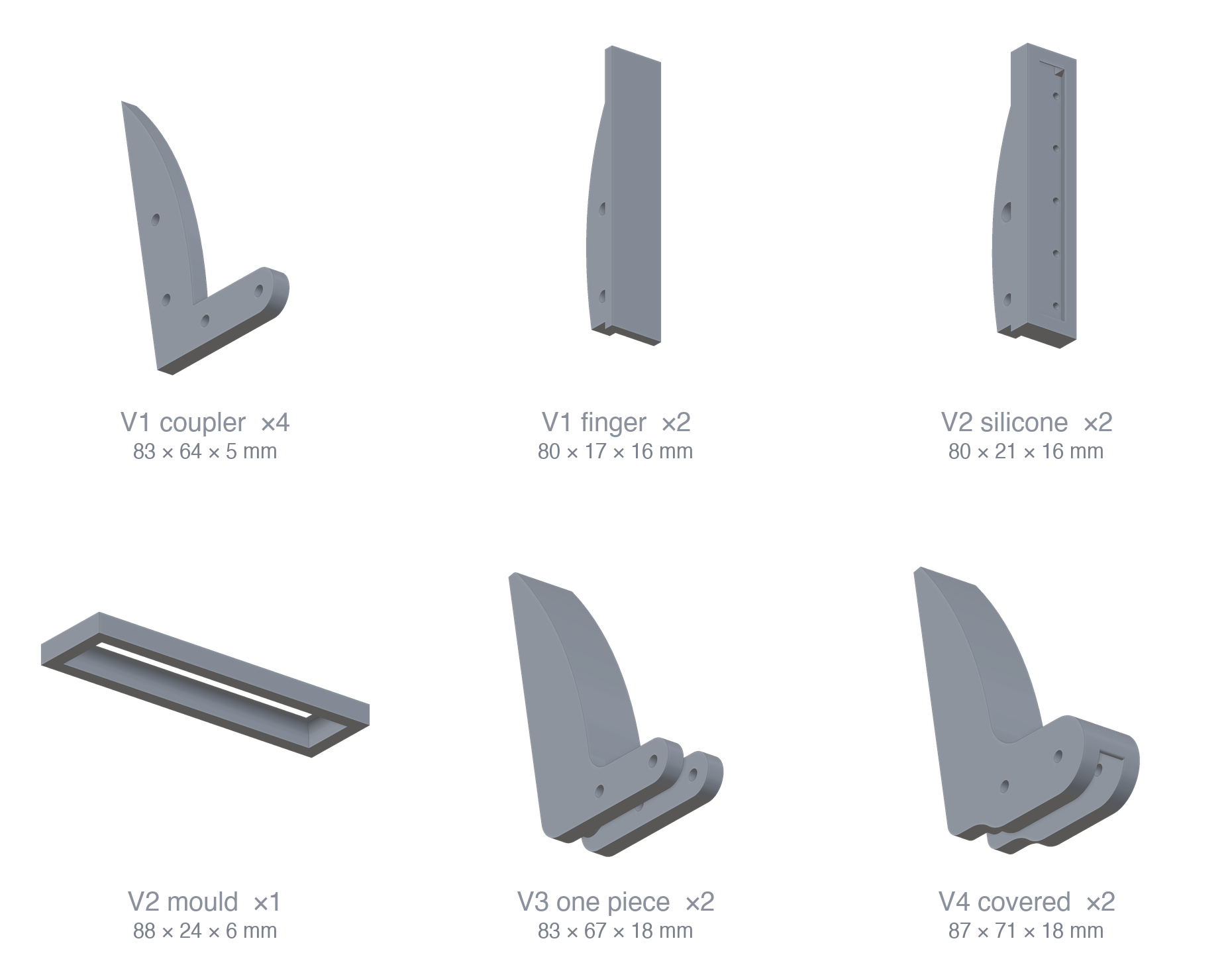 The four finger designs rendered side by side