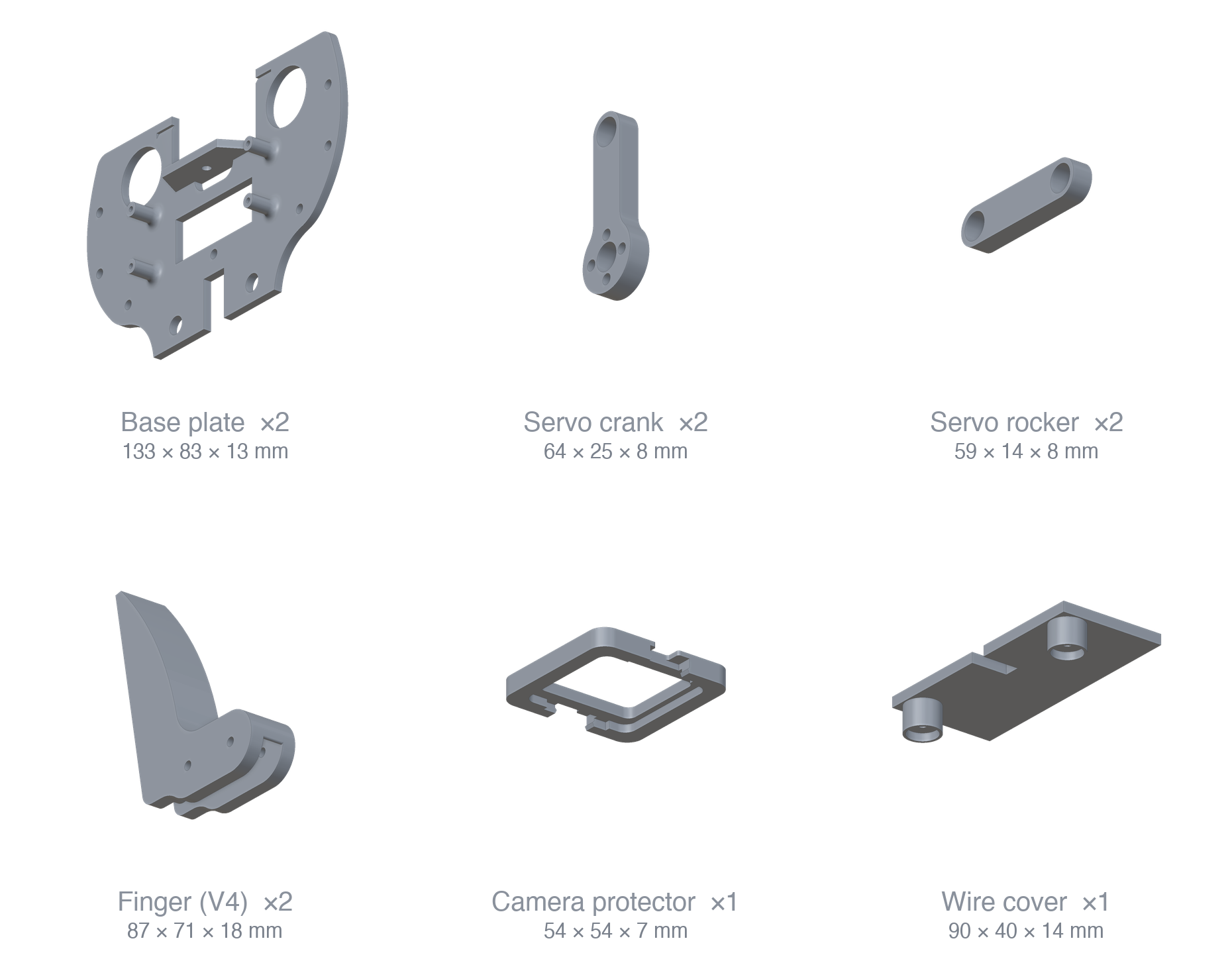 The six printed parts of the V2 gripper, rendered at a common scale