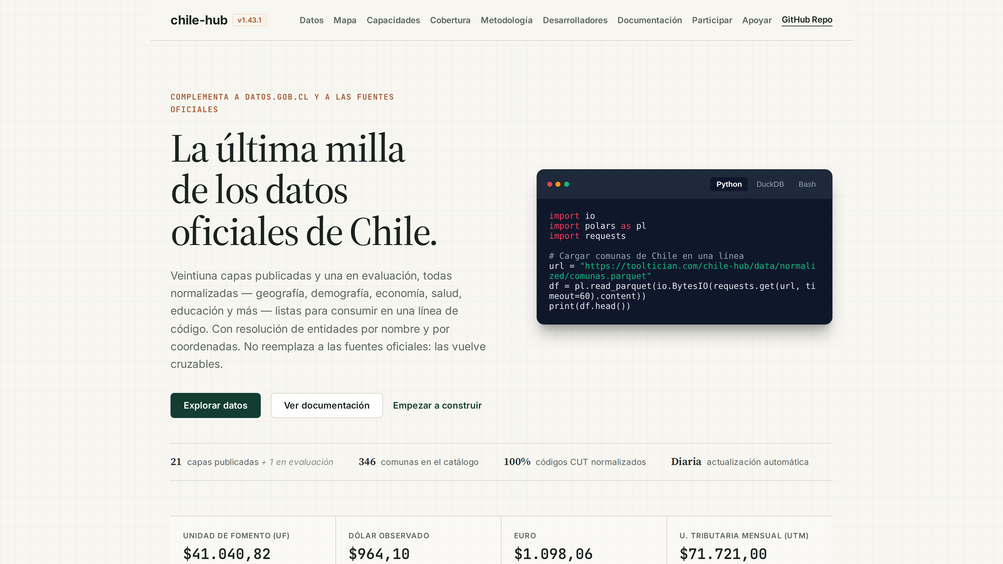 Landing de chile-hub: capas de datos de Chile listas para consumir