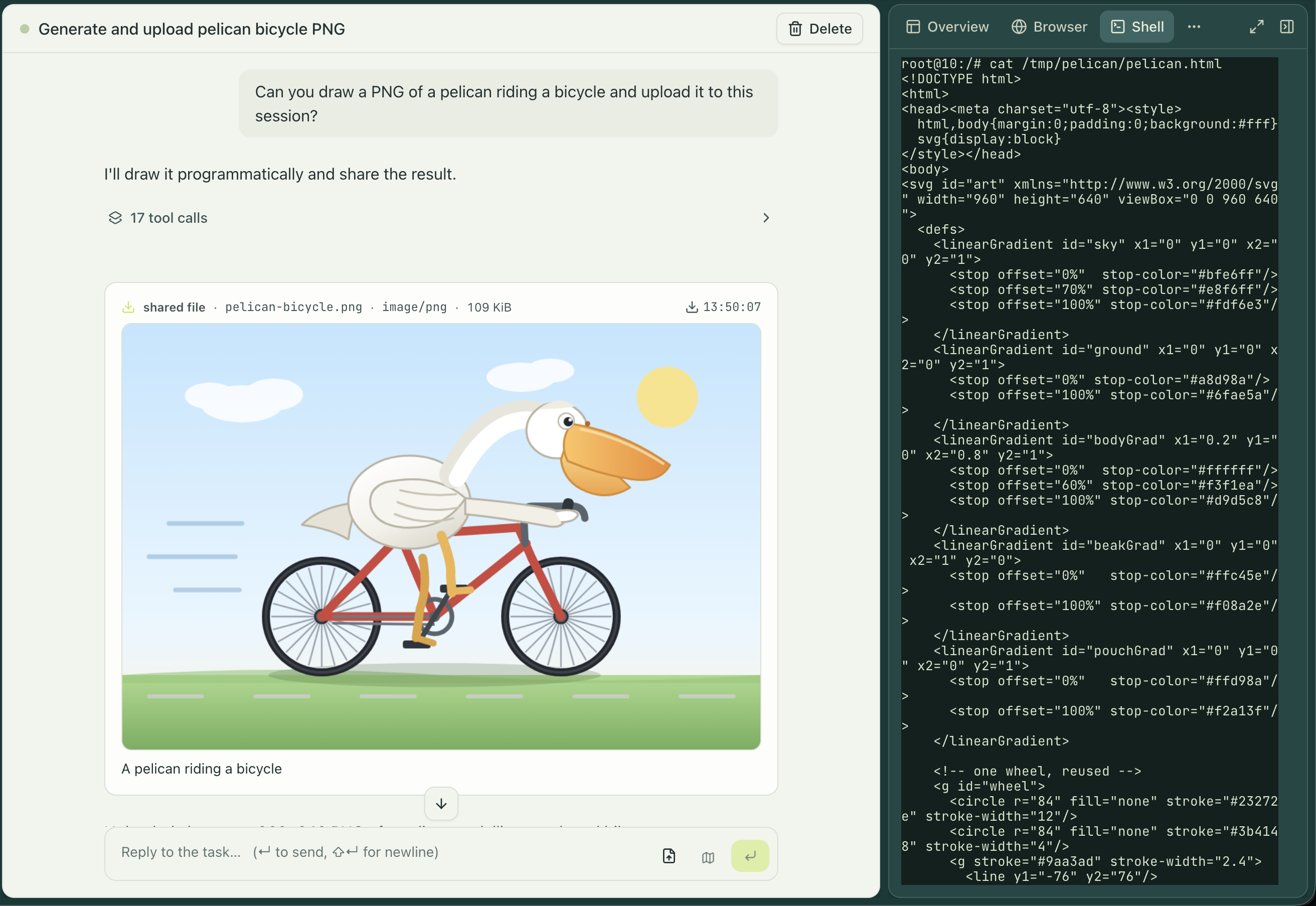 A session in the engrams dashboard. Asked for a PNG of a pelican riding a bicycle with no image libraries and no internet, the agent wrote a PNG encoder in Python and shared the file in the thread.