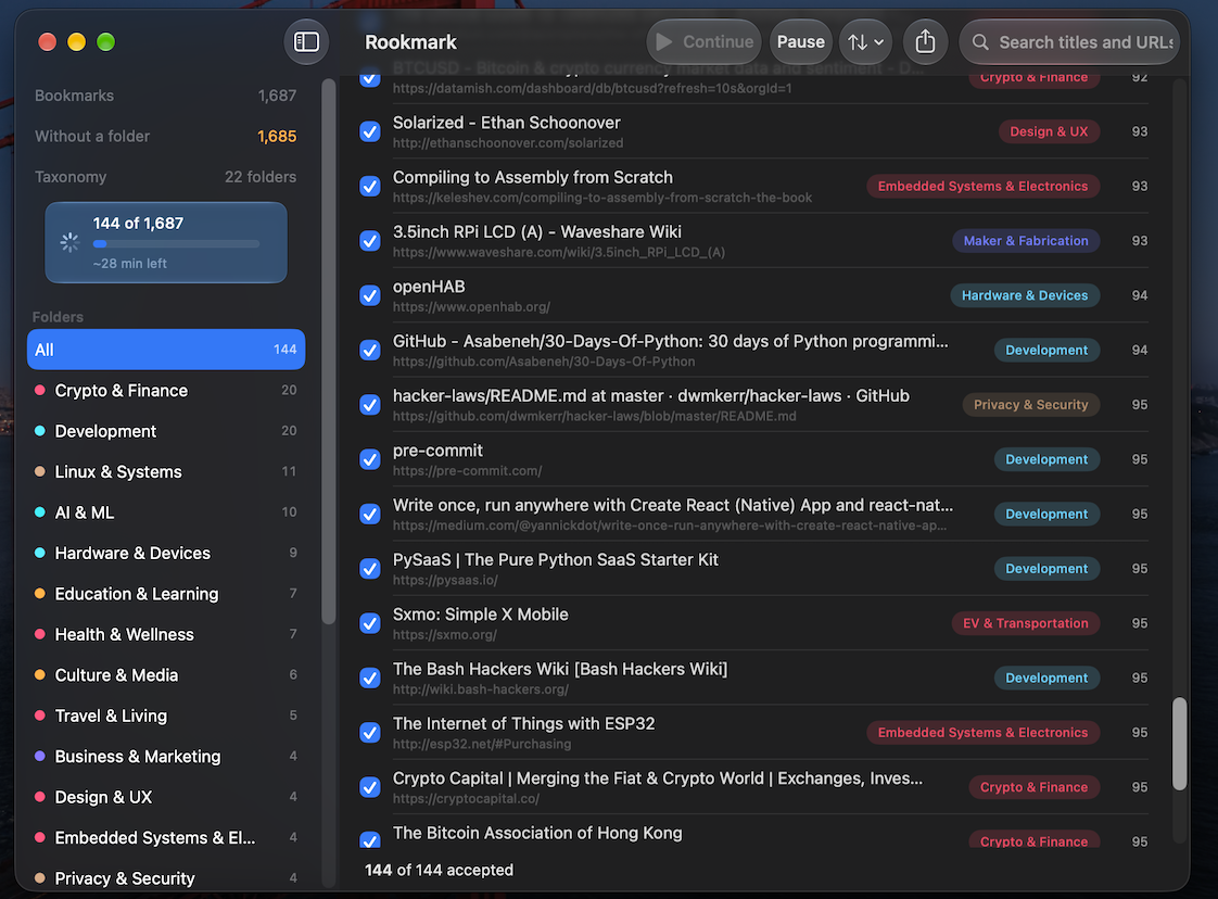 Rookmark reviewing a live classification run: a sidebar of folders with counts, a table of bookmarks sorted least-confident-first, and a run-progress card