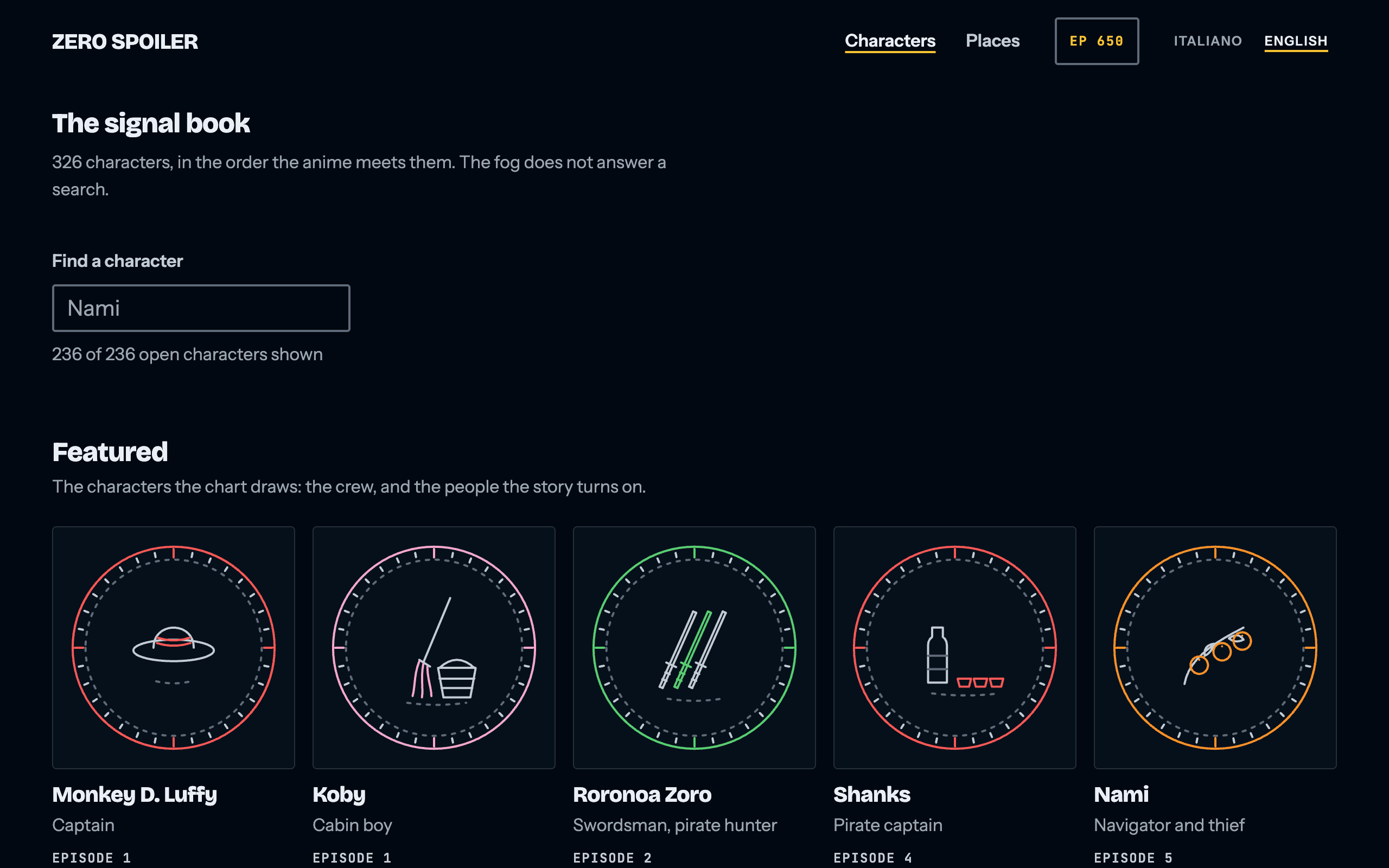The characters index with the crest grid and the search field