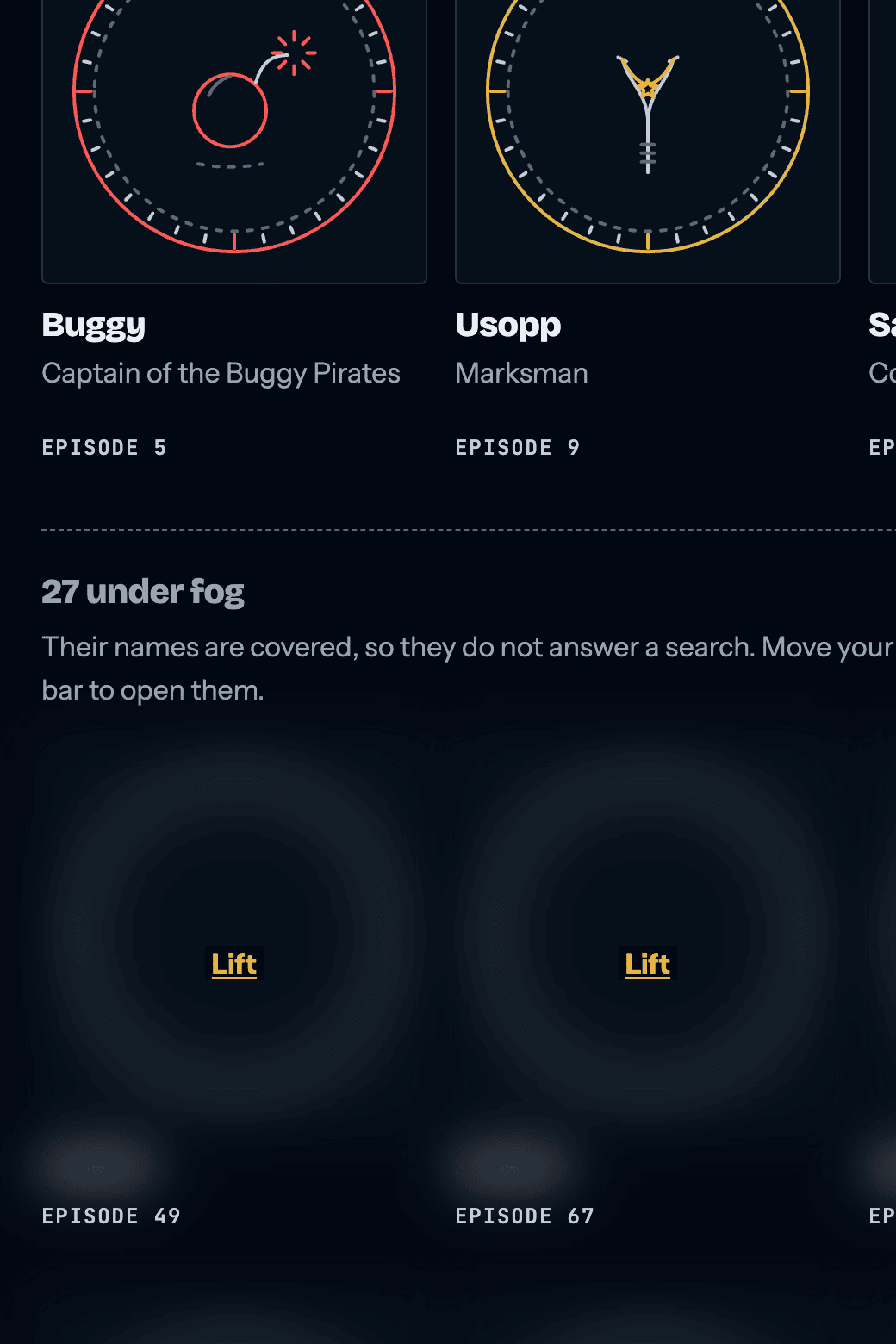 The character grid at episode 45: the crests past that point are blurred and unnamed