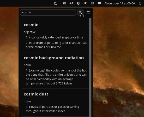 A view of the open applet showing the search box, some results and the random link at the bottom.