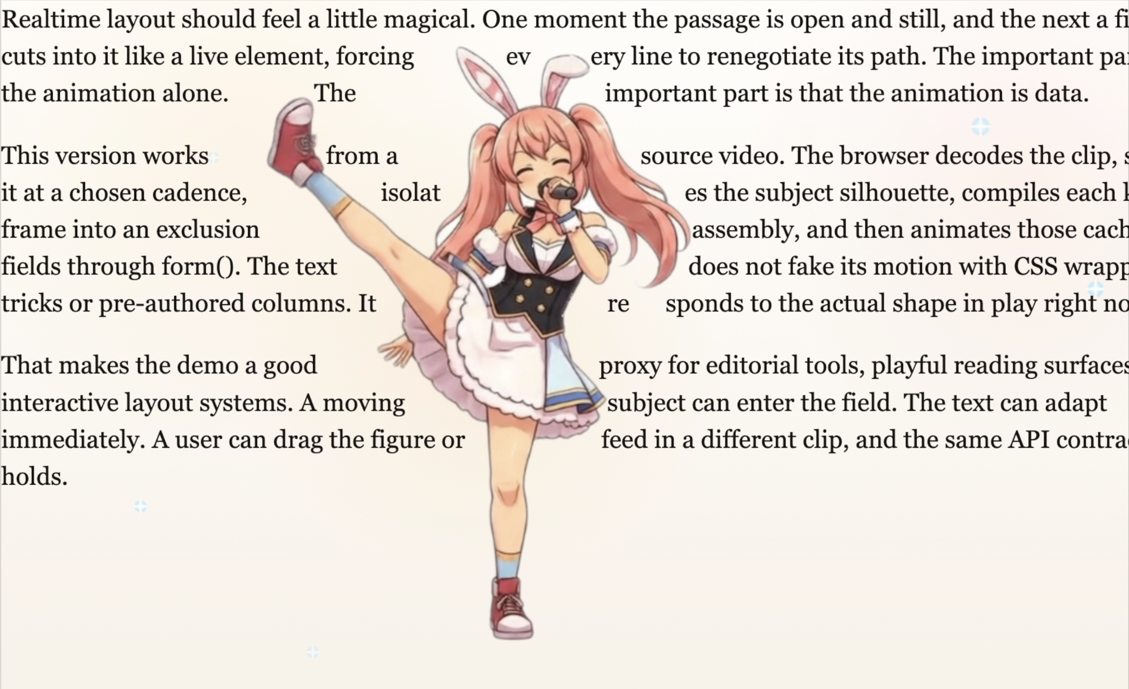 Layoutmaster dancing text demo: live text layout wrapping around animated video silhouettes in real time
