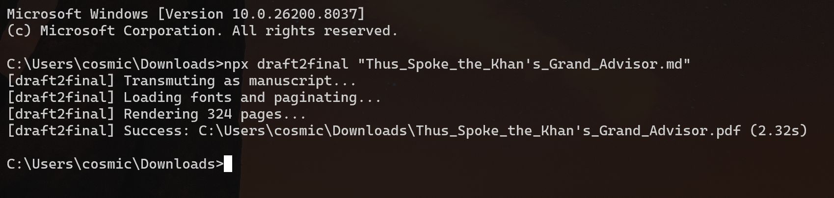 Terminal: 324-page manuscript compiled to PDF in 2.32s end-to-end