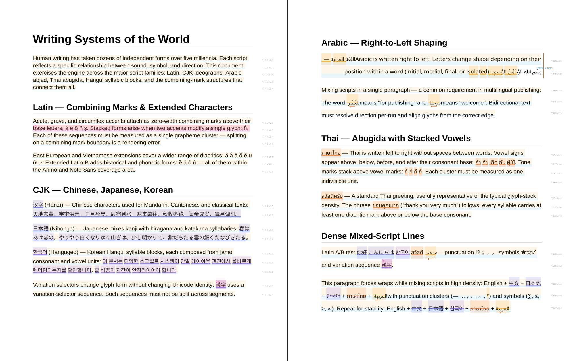 Writing Systems of the World: Latin, CJK, Arabic RTL, Thai, and dense mixed-script text all correctly laid out
