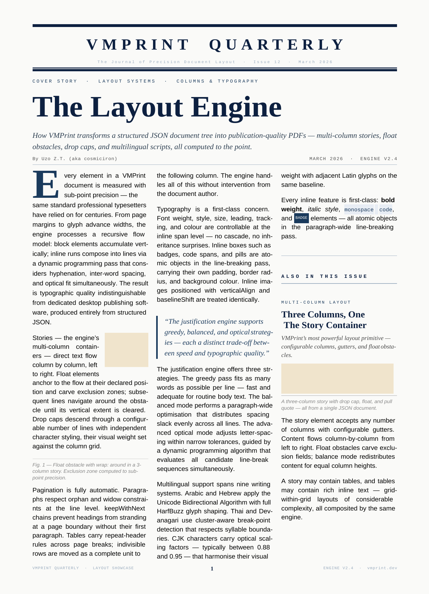 VMPrint Quarterly: multi-column newsletter with float obstacles, drop cap, and inline elements