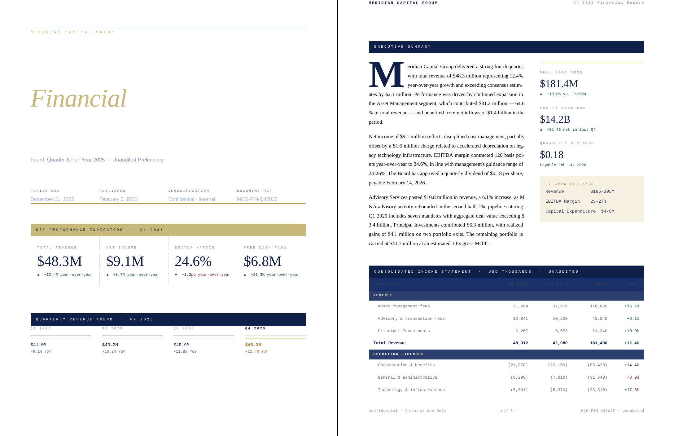 Financial report: complex multi-column layout with large display type and tables