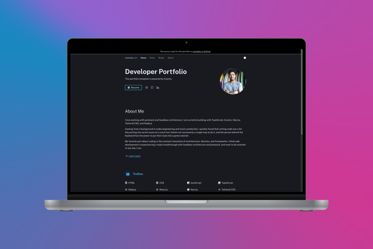 Screenshot of the Cosmic Developer Porfolio application template