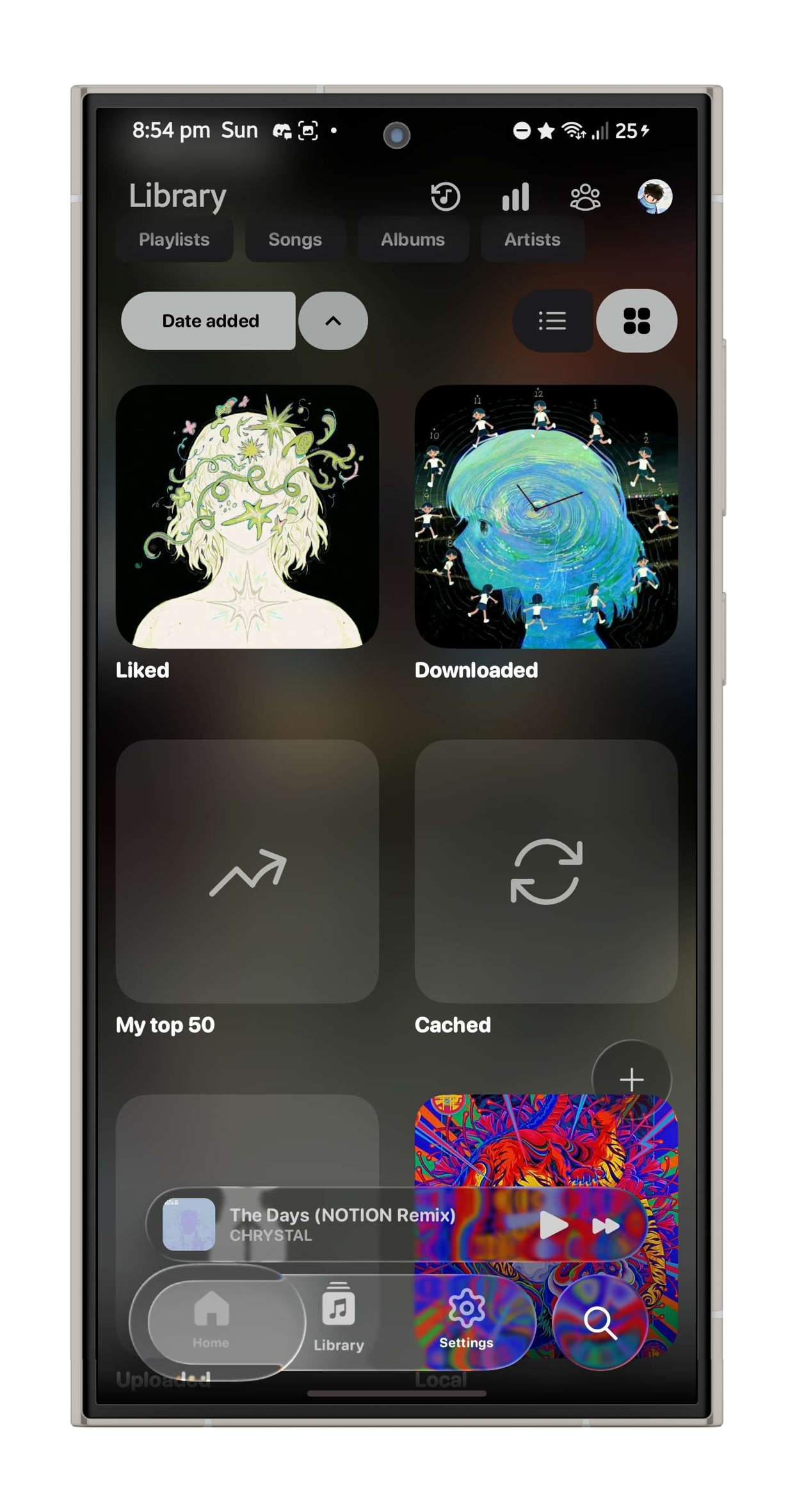 Convx Android music player home screen with glass chrome