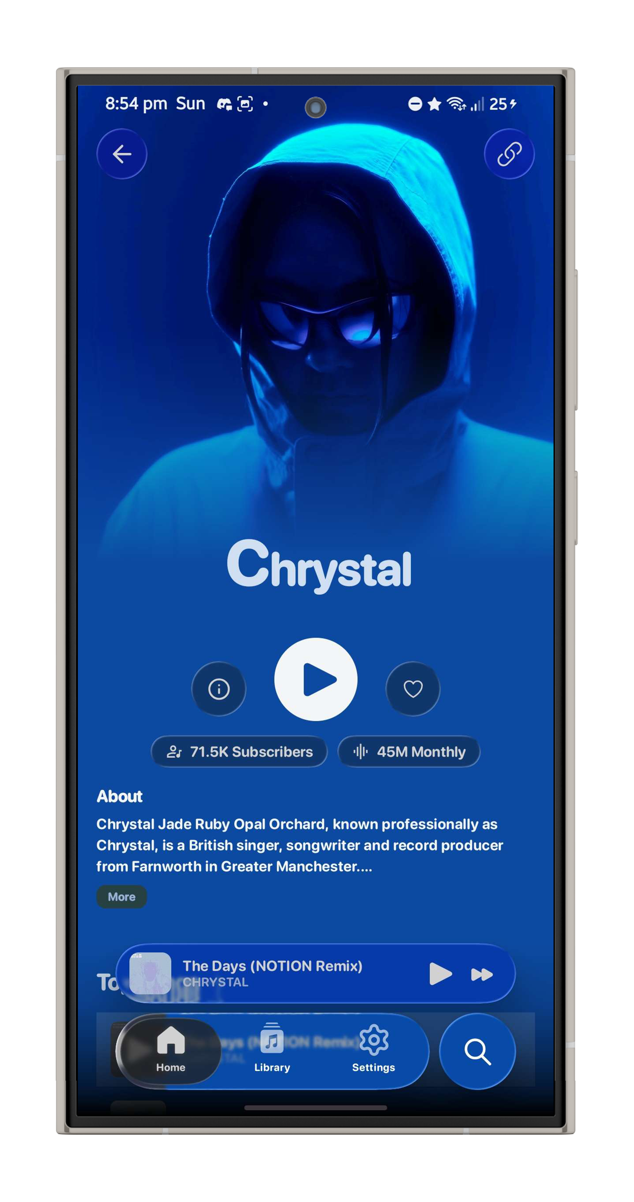 Convx music player search screen with frosted glass UI
