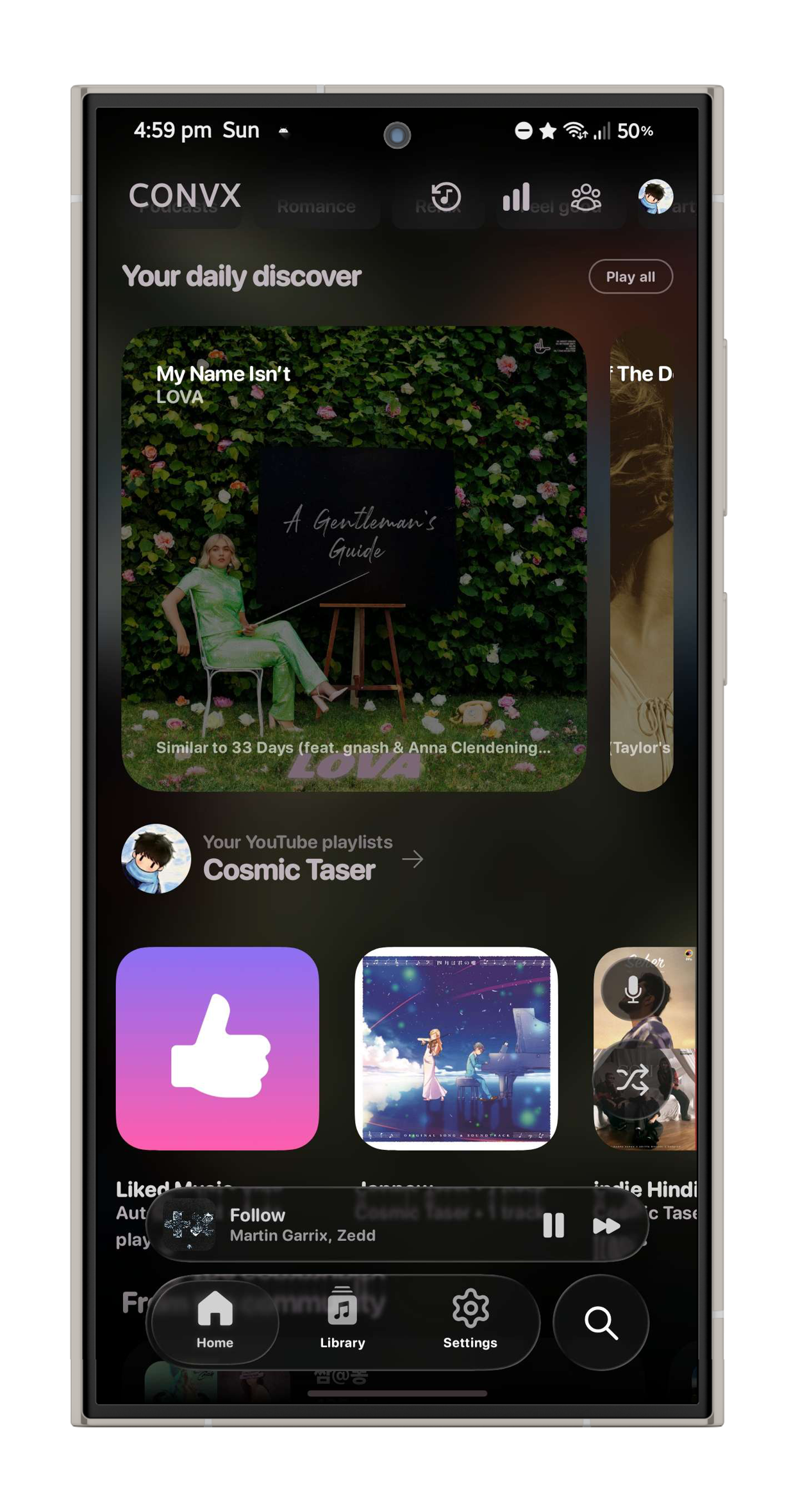 Convx music player settings screen with frosted glass panels