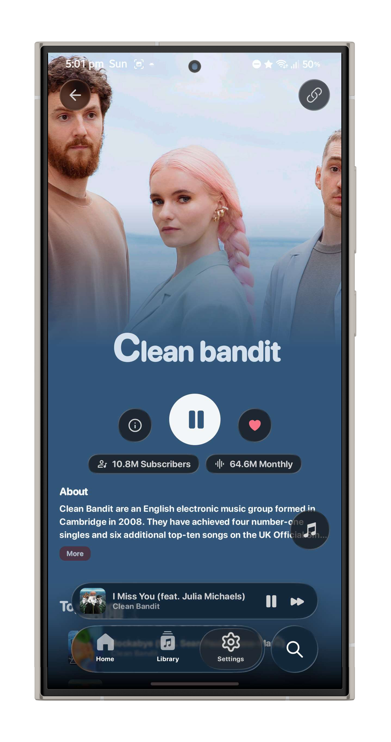 Convx music player artist page with glass design