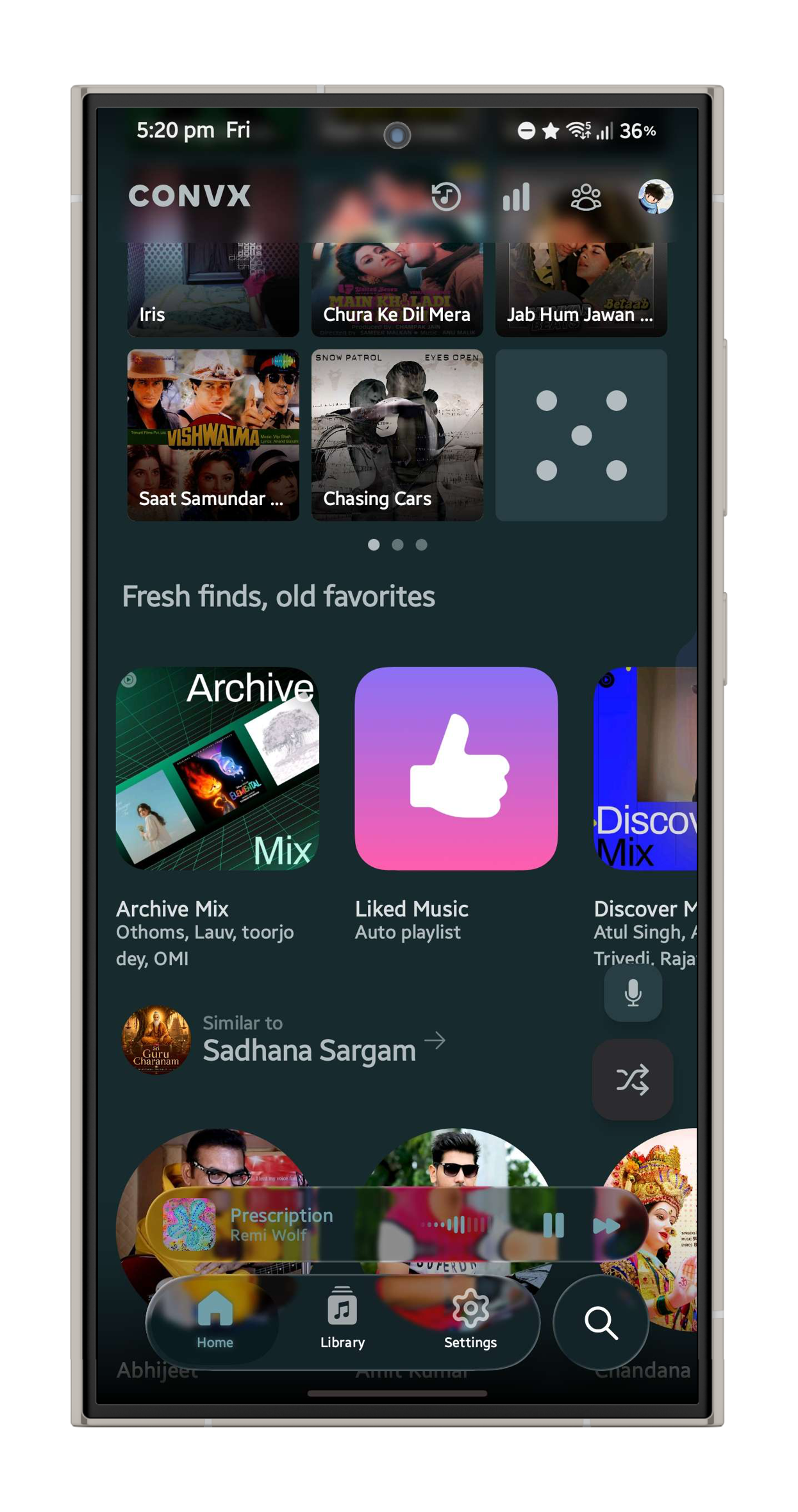Convx Liquid Glass music player UI showing the frosted player screen