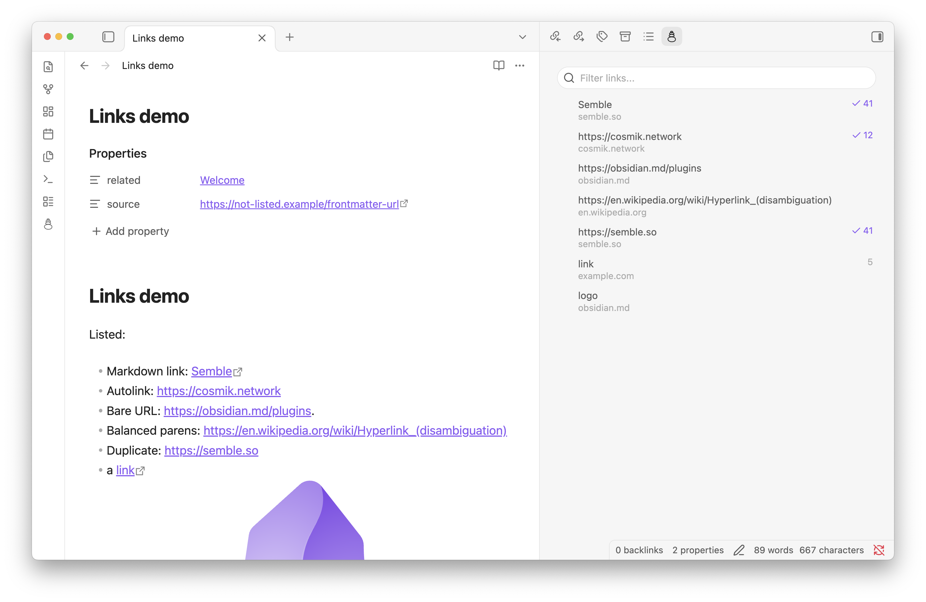 screenshot of the link list in the semble plugin
