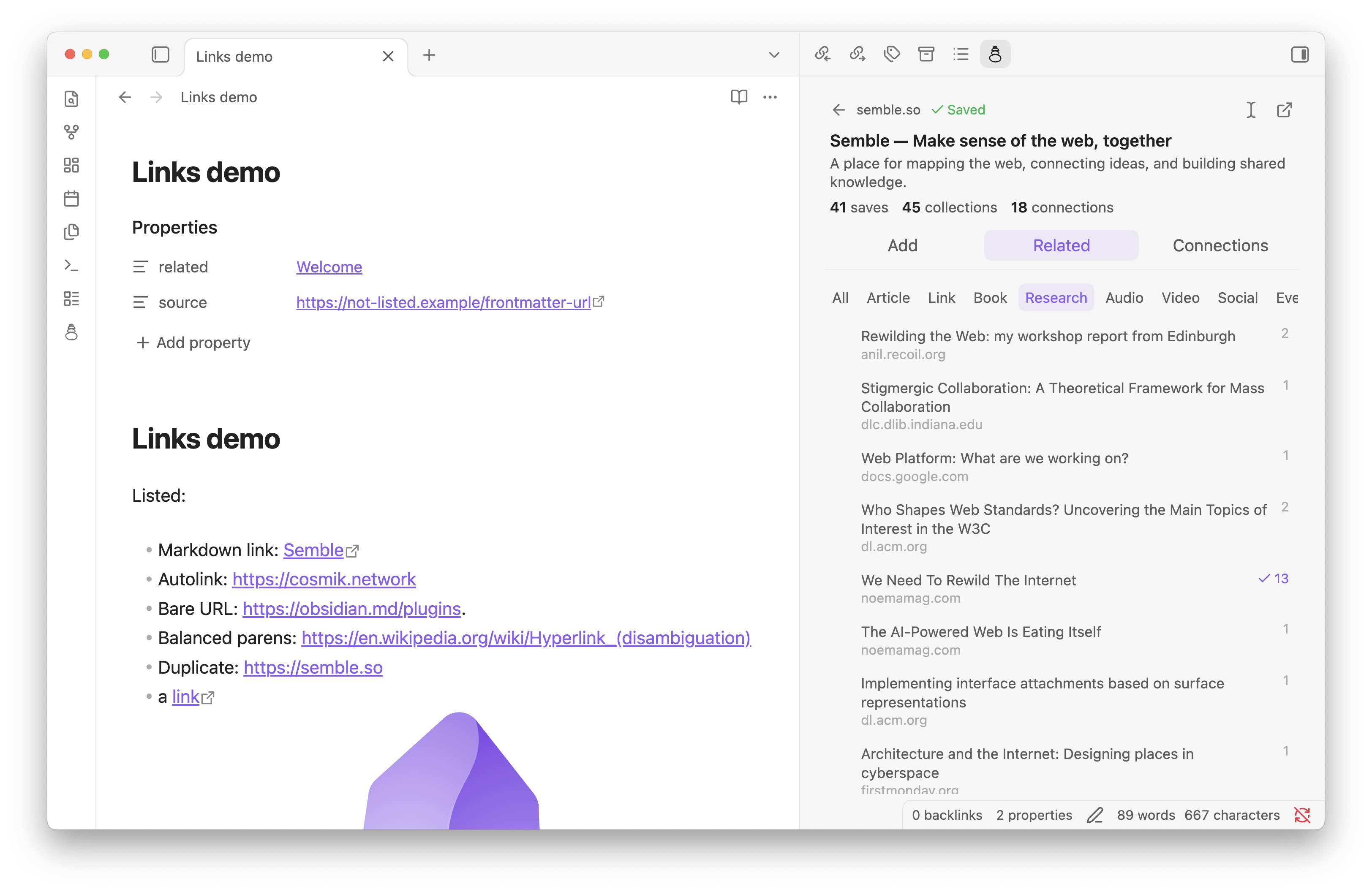 screenshot of the link view, 'related' tab