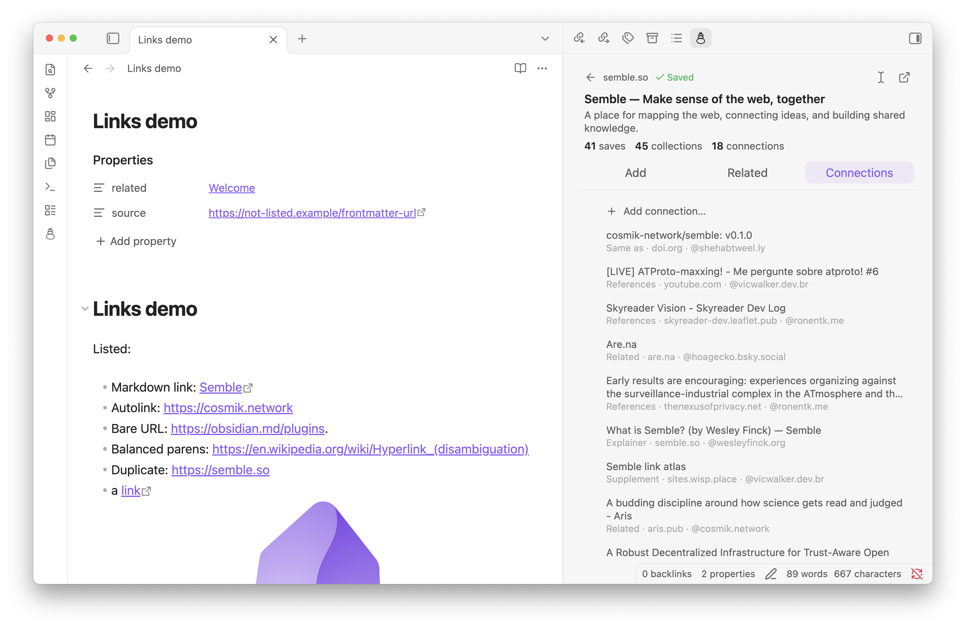 screenshot of the link view, 'connections' tab