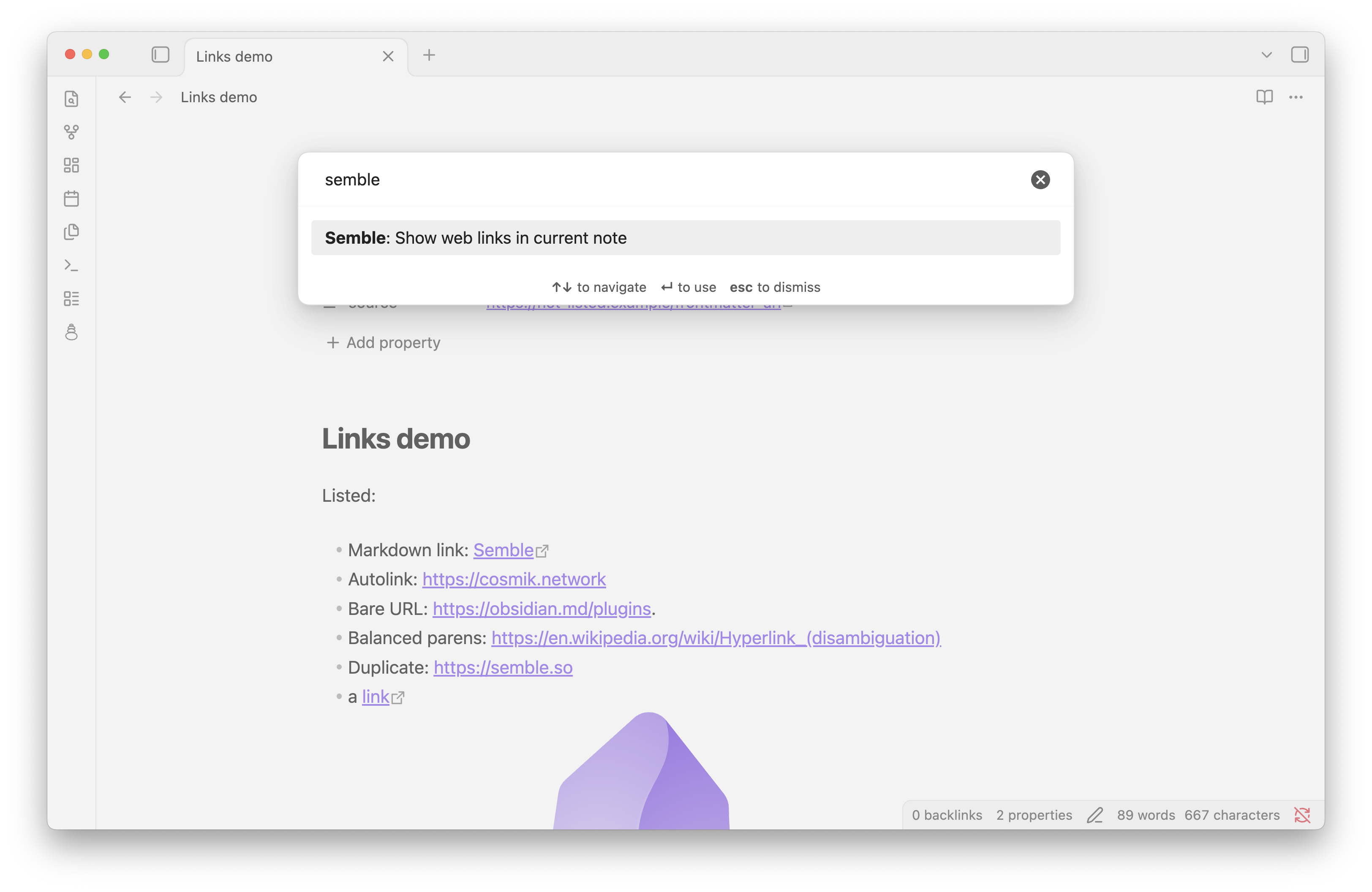 screenshot of the command palette command for opening the semble plugin