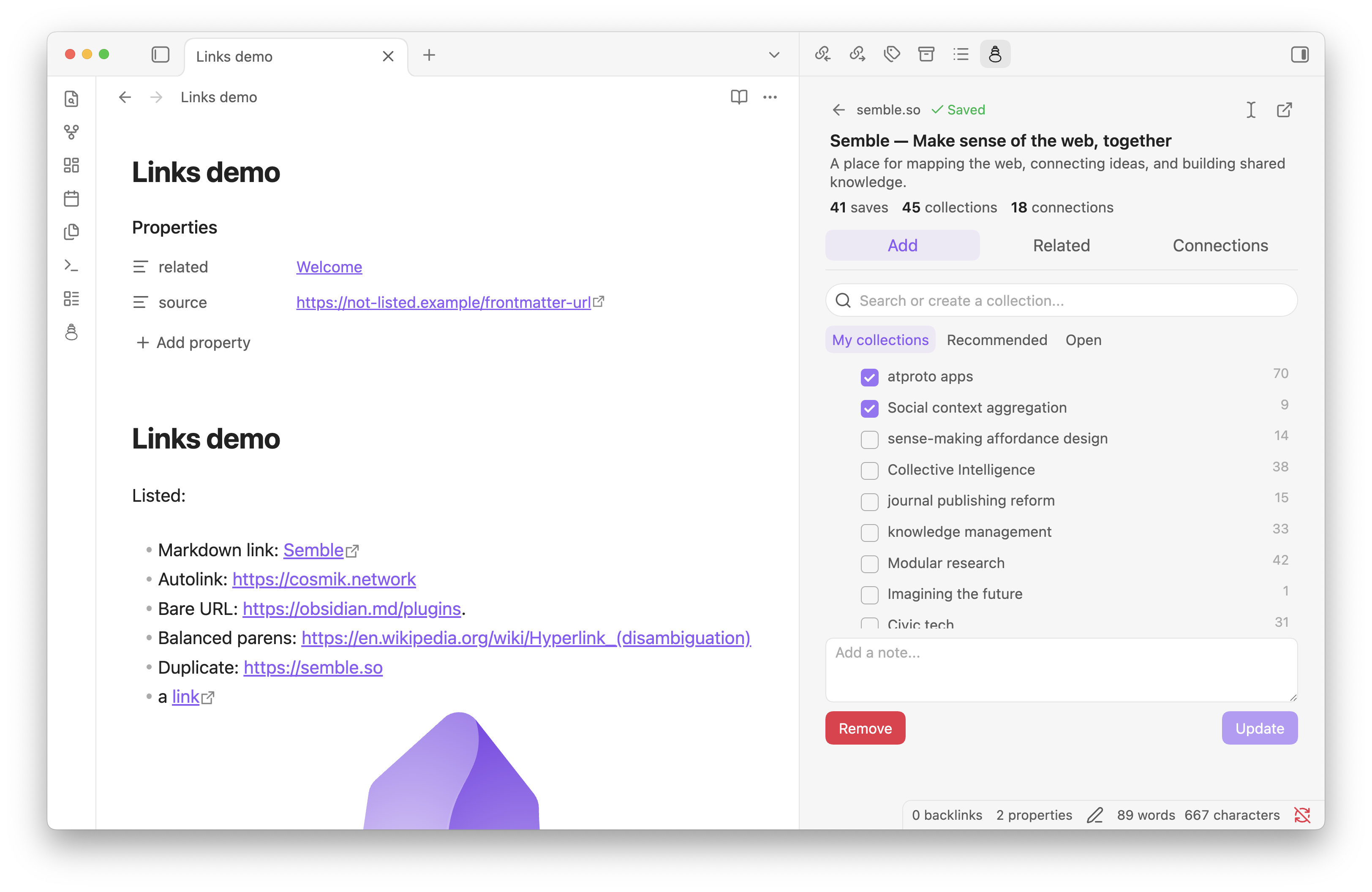 screenshot of the link list in the semble plugin