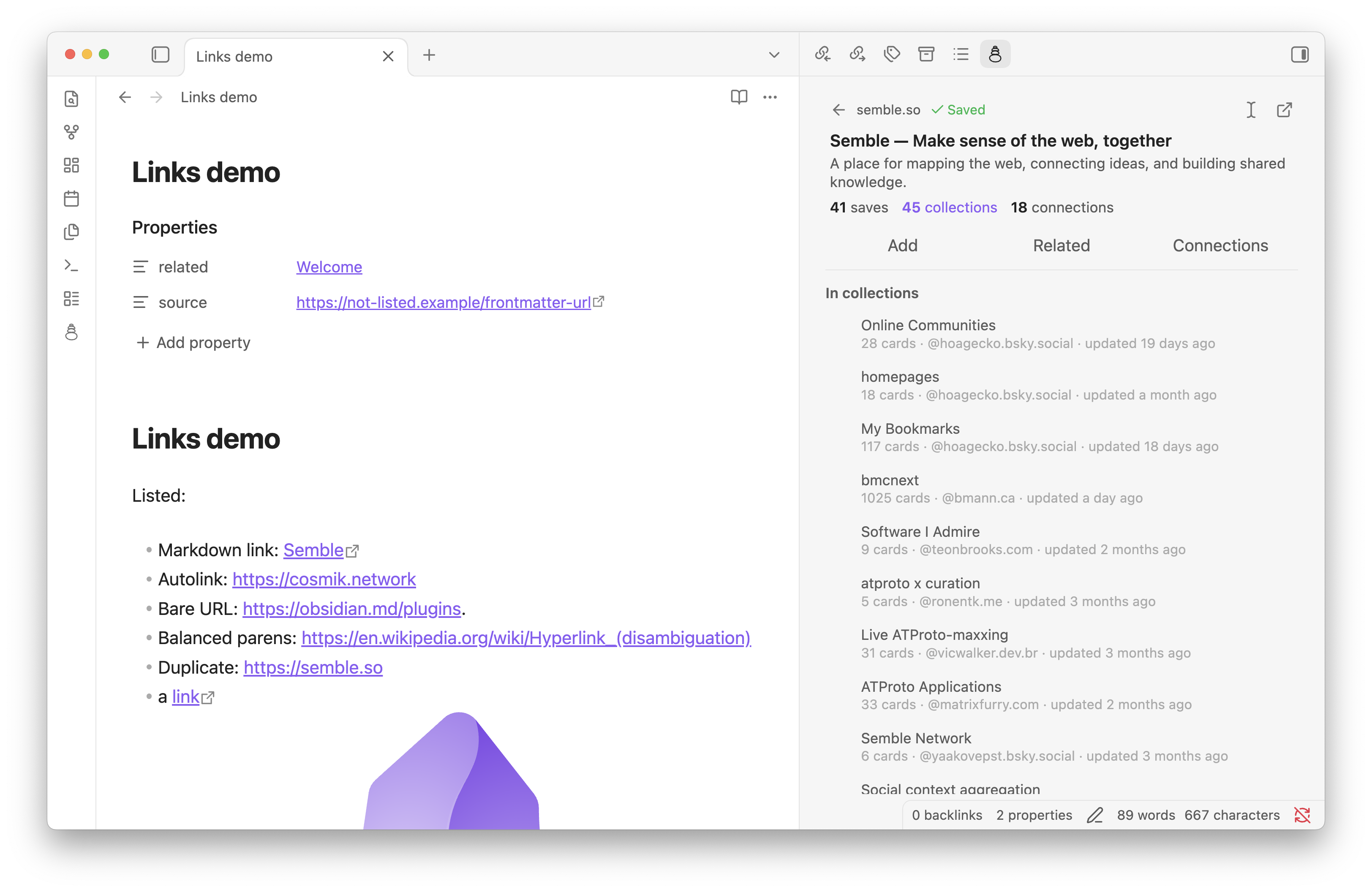 screenshot of the link view, 'collections' tab