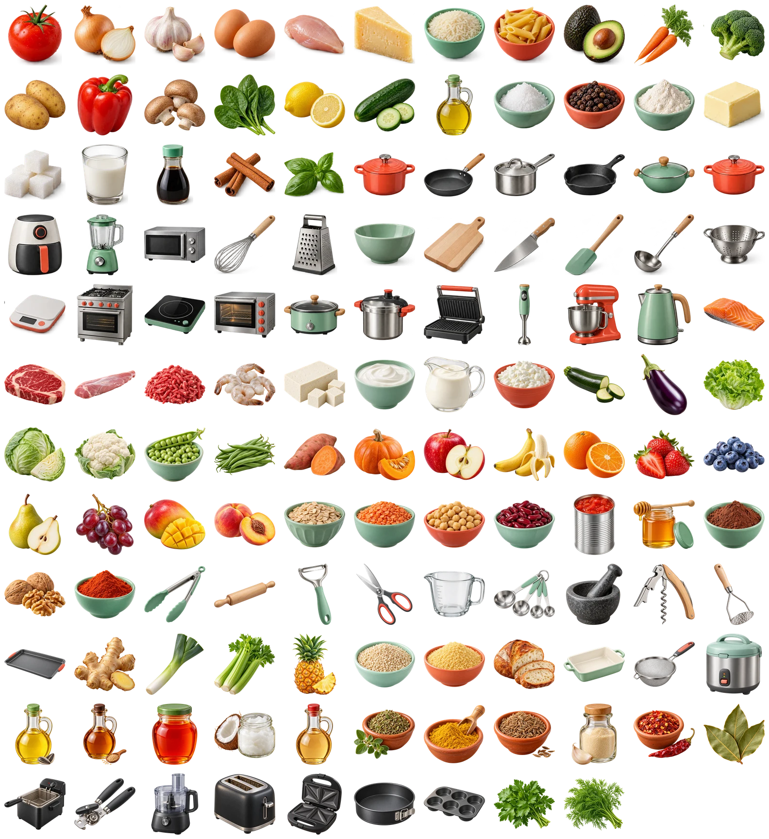 All 110 Culinary Assets: ingredients, produce, pantry staples, cookware, utensils and appliances