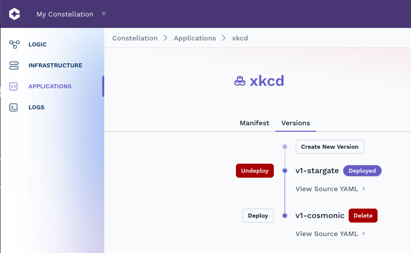 Cosmonic Applications Version Control Screen Shot