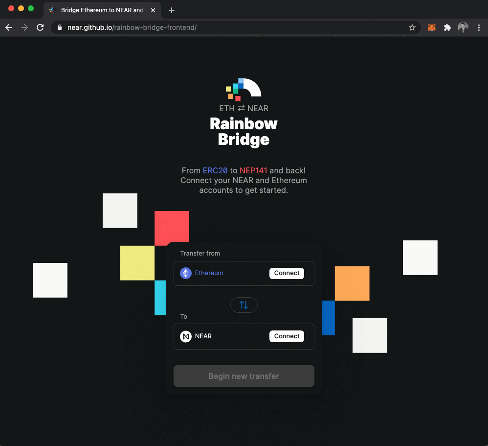 UI showing sending 10 RAIN tokens from Ethereum to NEAR. Two confirmations from MetaMask pop up at the beginning of the transaction, then a notification area shows waiting for 25 blocks to sync, then the tokens are deposited on the NEAR side and the NEAR balance increases by 10