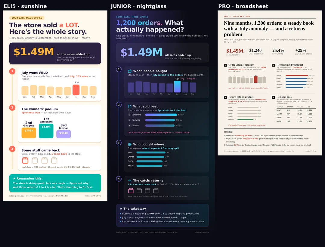 The three complexity levels side by side — eli5, junior, and pro renderings of the same dataset