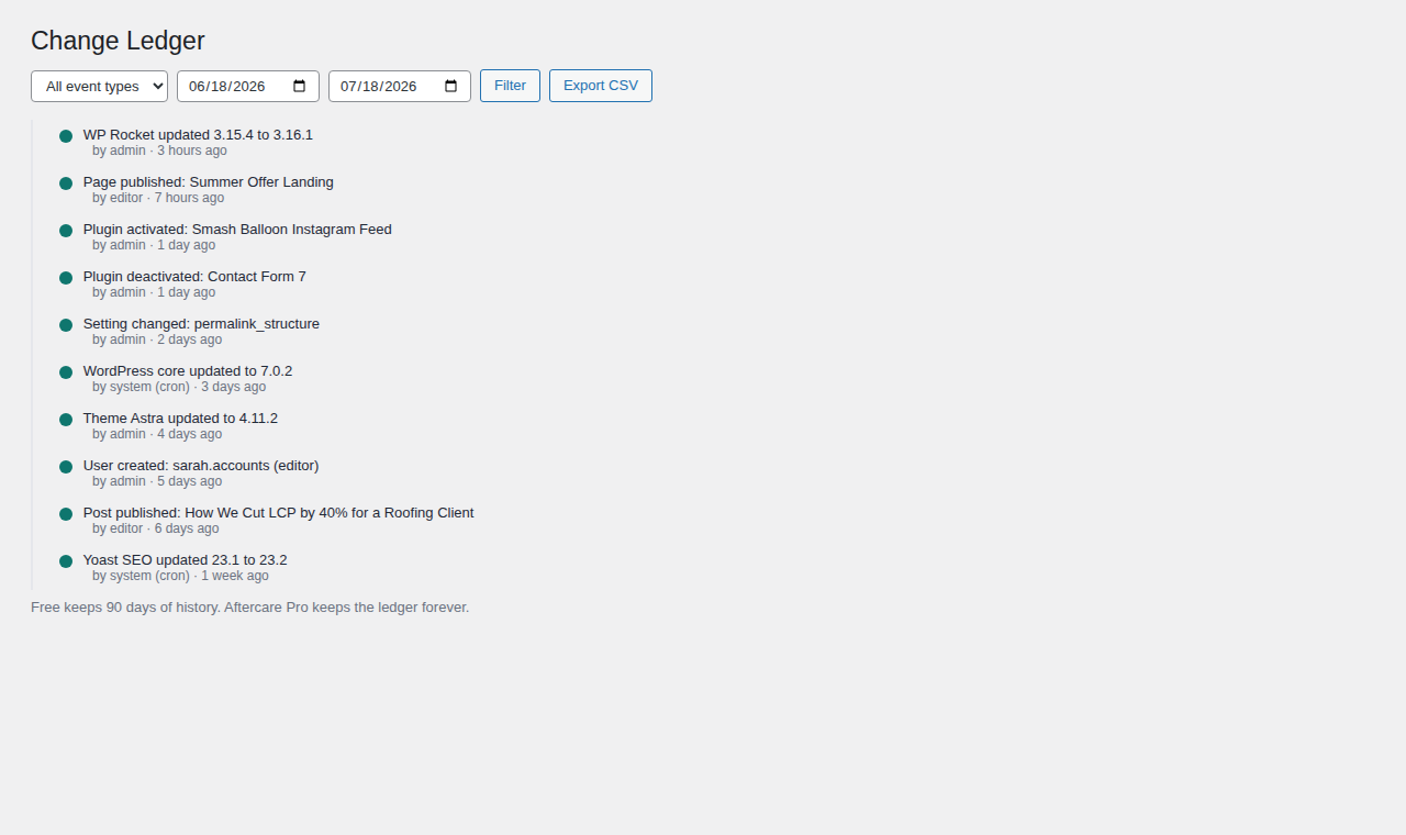 Change Ledger — filterable timeline of every site change