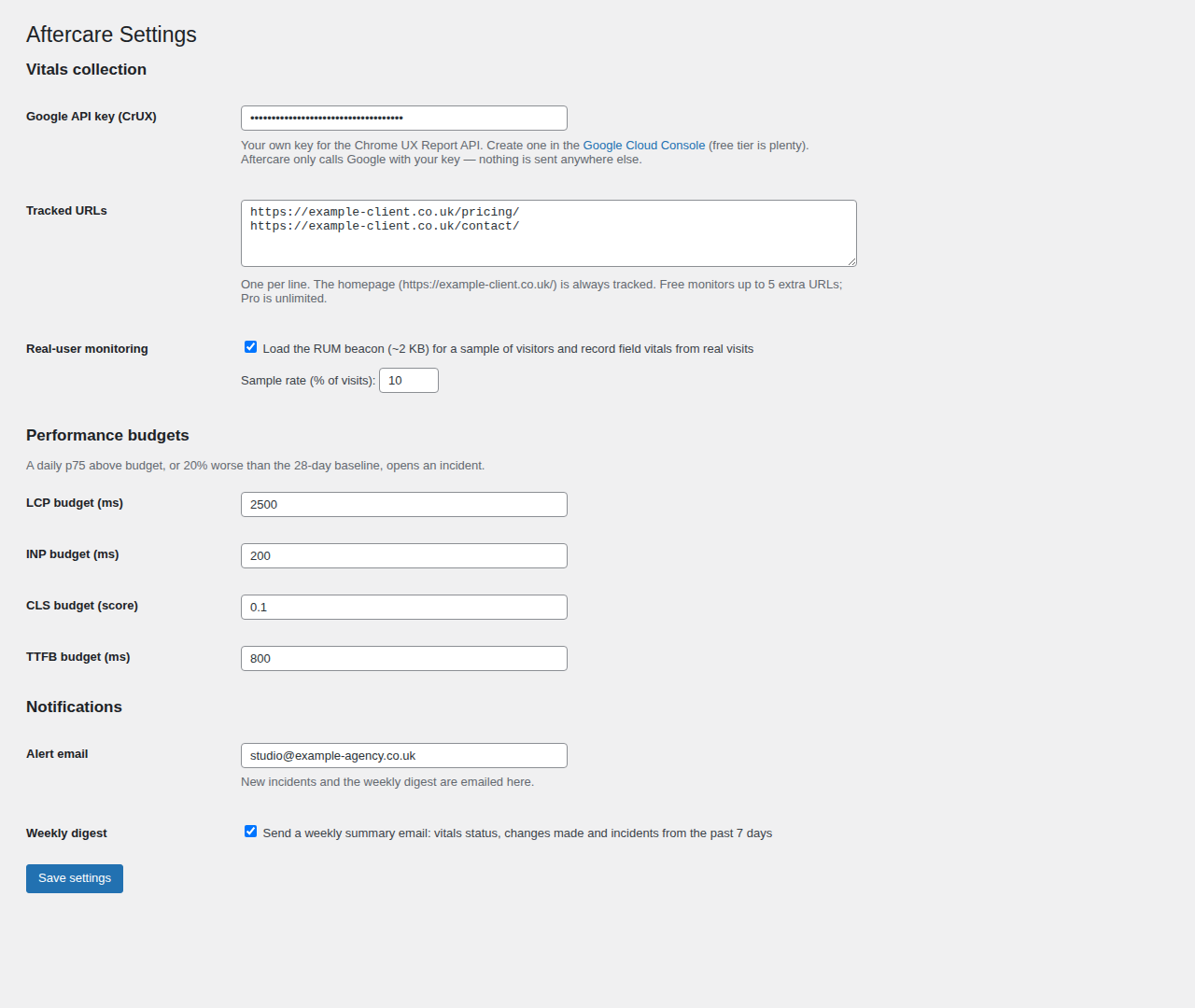 Settings — API key, tracked URLs, budgets and notifications