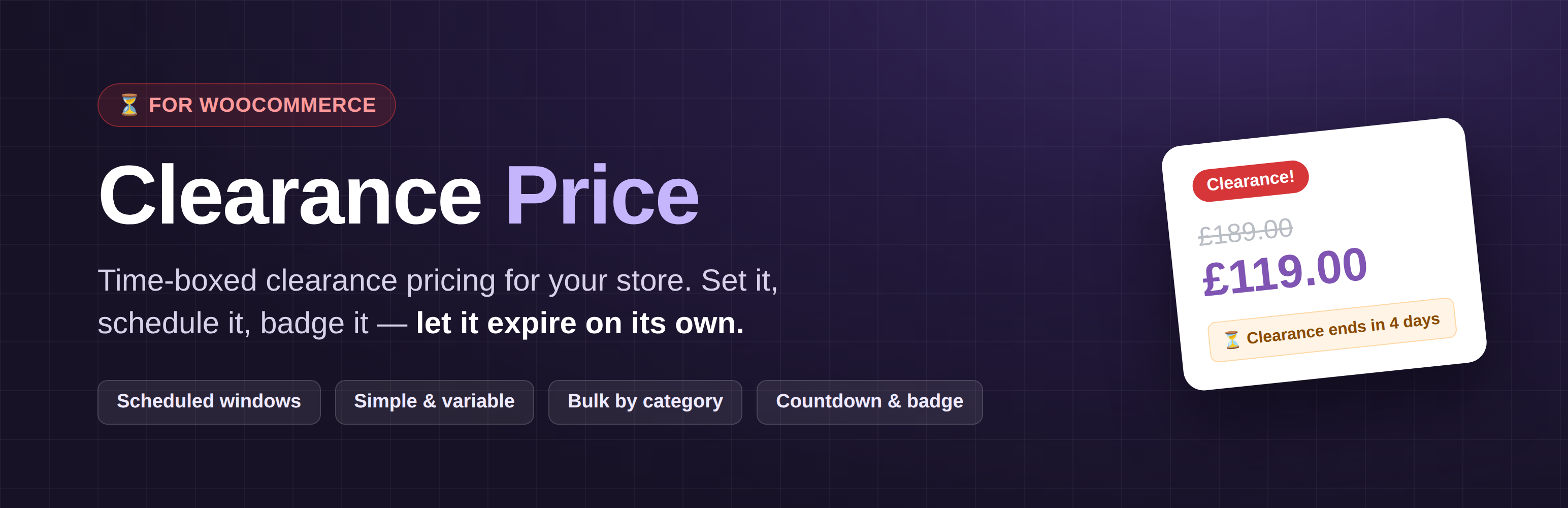 Clearance Price — time-boxed clearance pricing for WooCommerce.