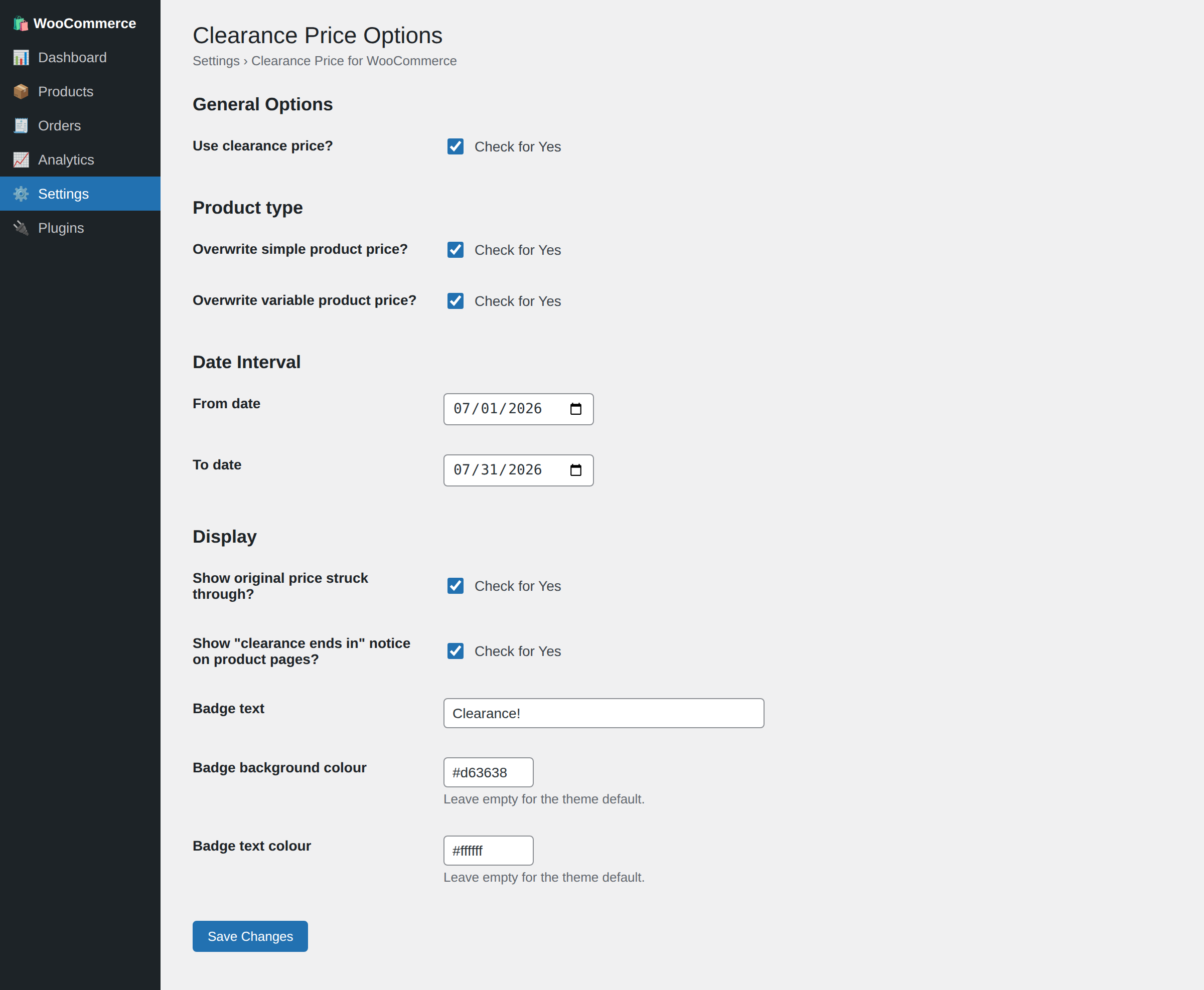 Settings — master switch, product types, date interval, display options and badge