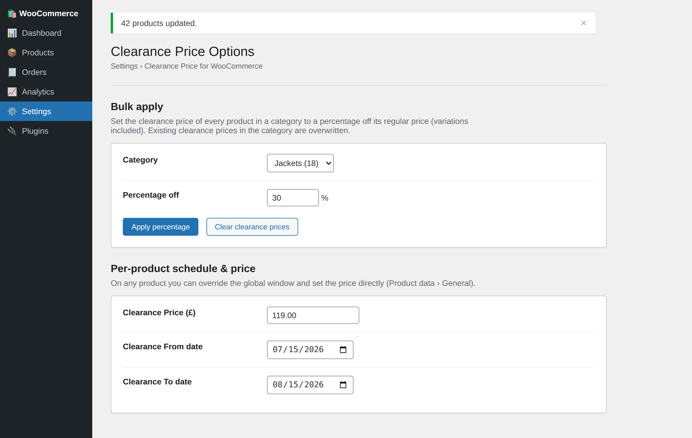 Bulk apply a percentage off by category, plus per-product price and schedule fields