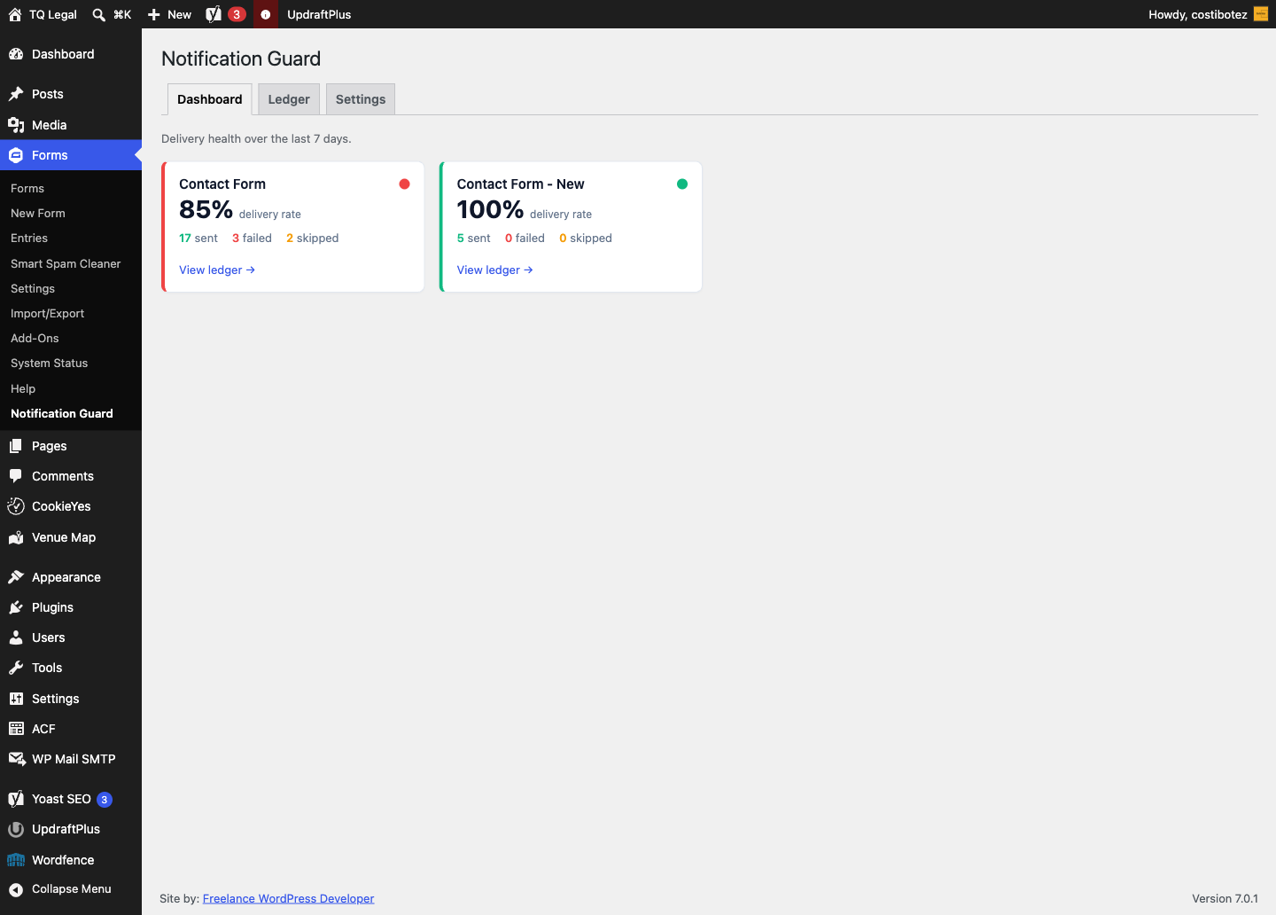 Dashboard — per-form health cards, 7-day delivery rate and traffic-light badges