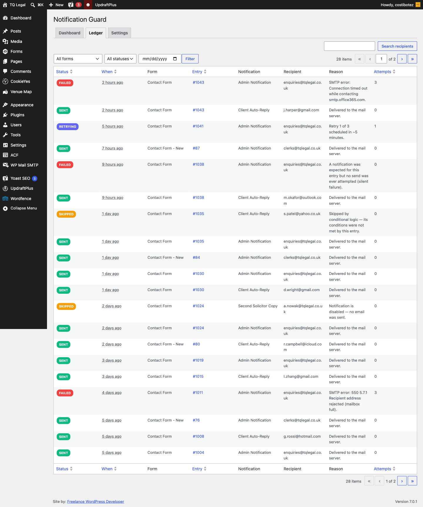 Ledger — filterable attempt log with status badges, reasons and Resend