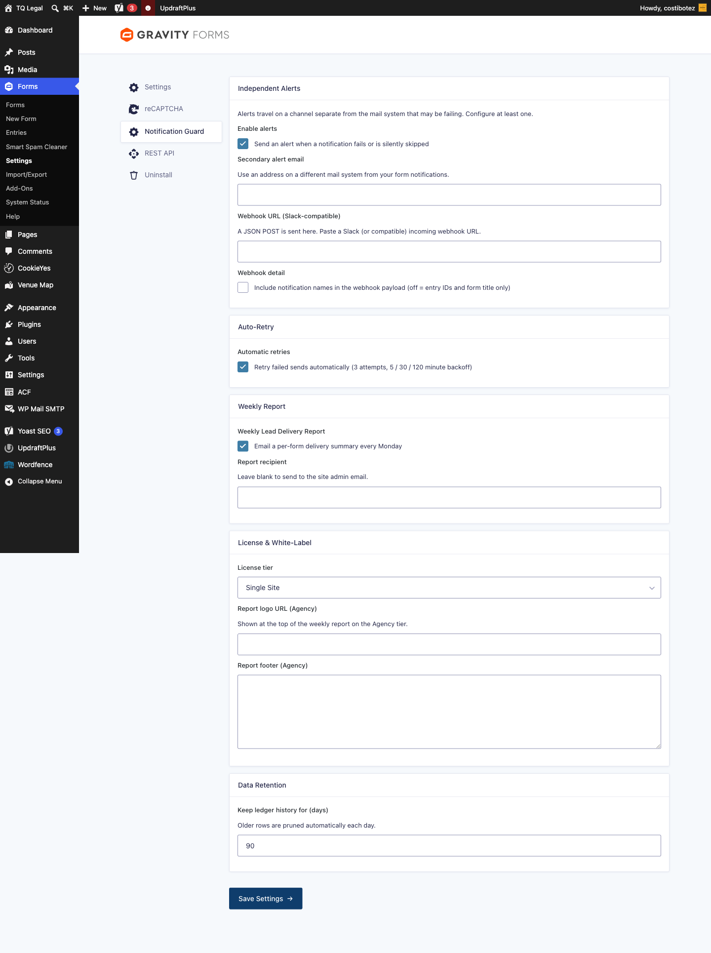 Settings — independent alert channels, auto-retry, weekly report, license and retention