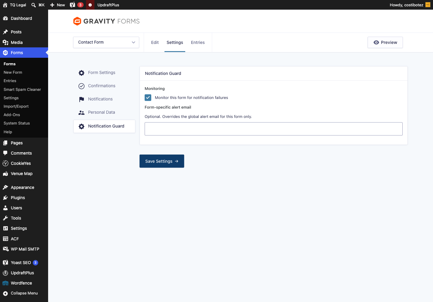 Per-form tab — monitoring toggle and form-specific alert email