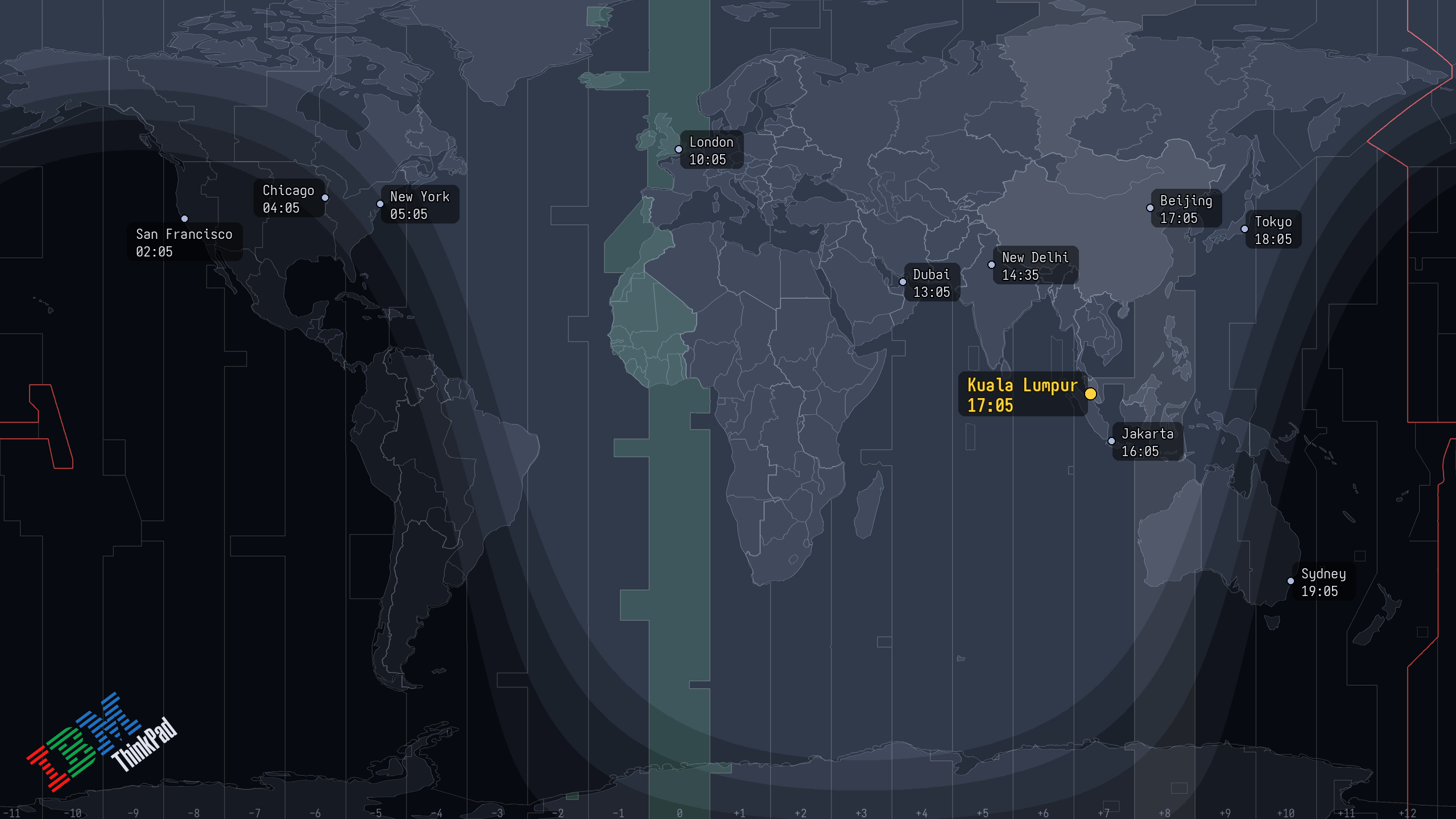 greyline on a dark theme: a world map with city clocks and a day/night terminator