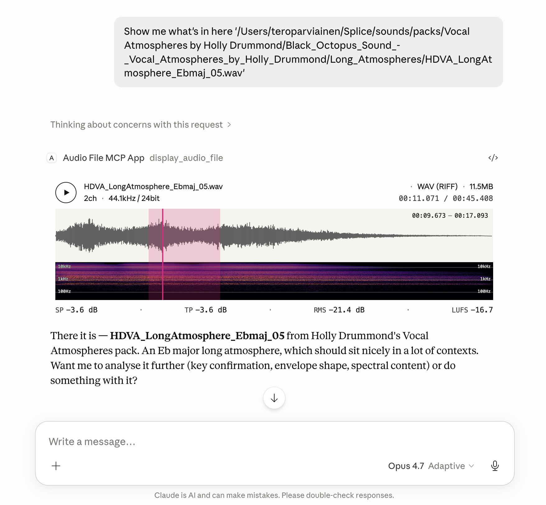 Audio File MCP App running in Claude Desktop
